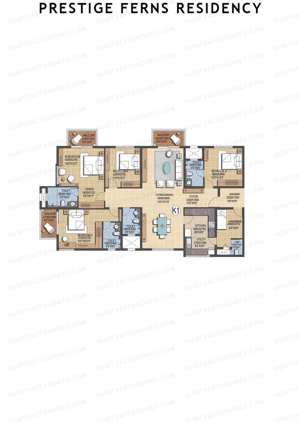 Prestige Ferns Residency, Tower 23, Unit 1 (Type K1), 4BHK, Super Area 2572   sq ft 