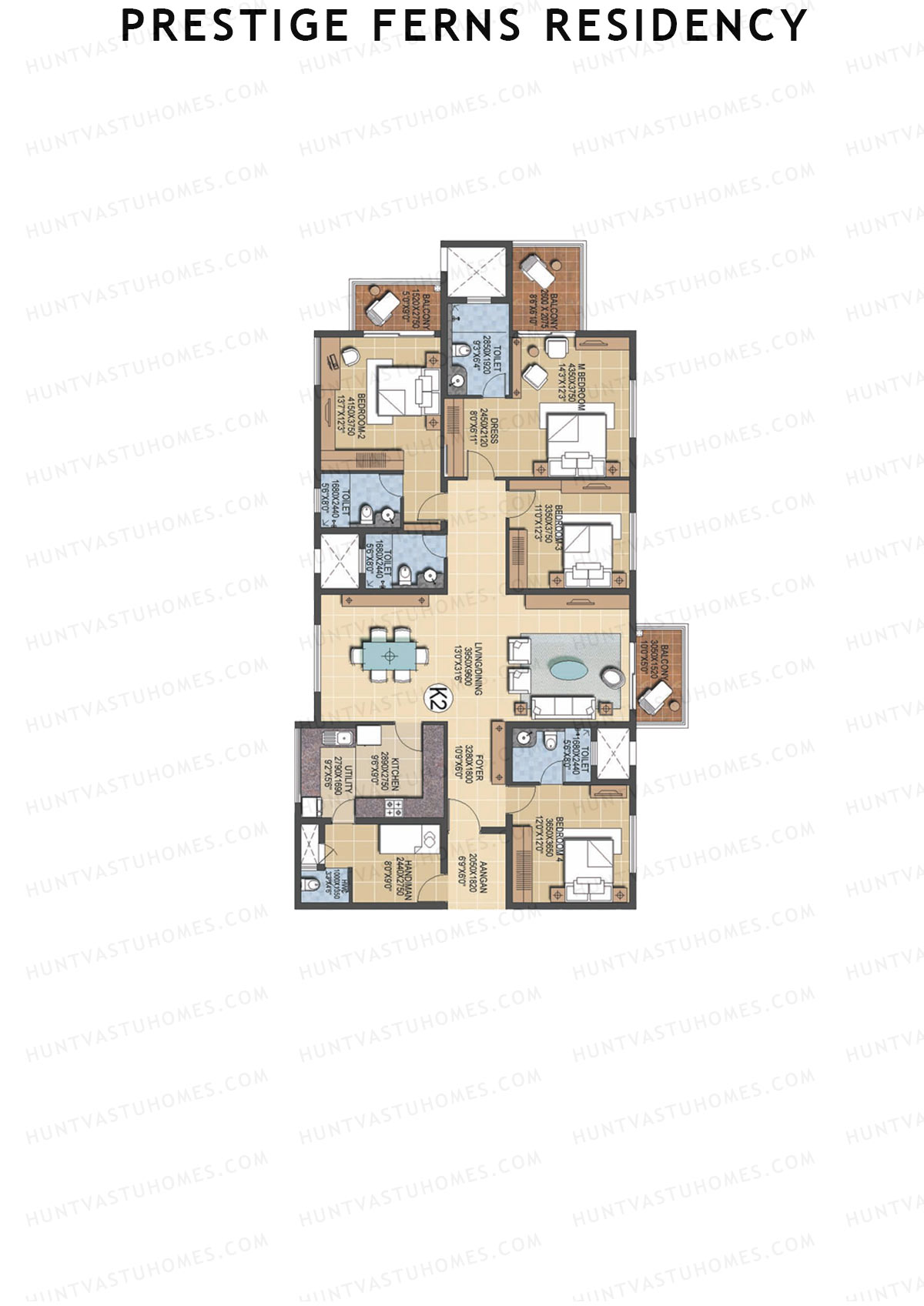 Prestige Ferns Residency, Tower 2, Unit 3 (Type K2), 4BHK, Super Area 2592   sq ft 