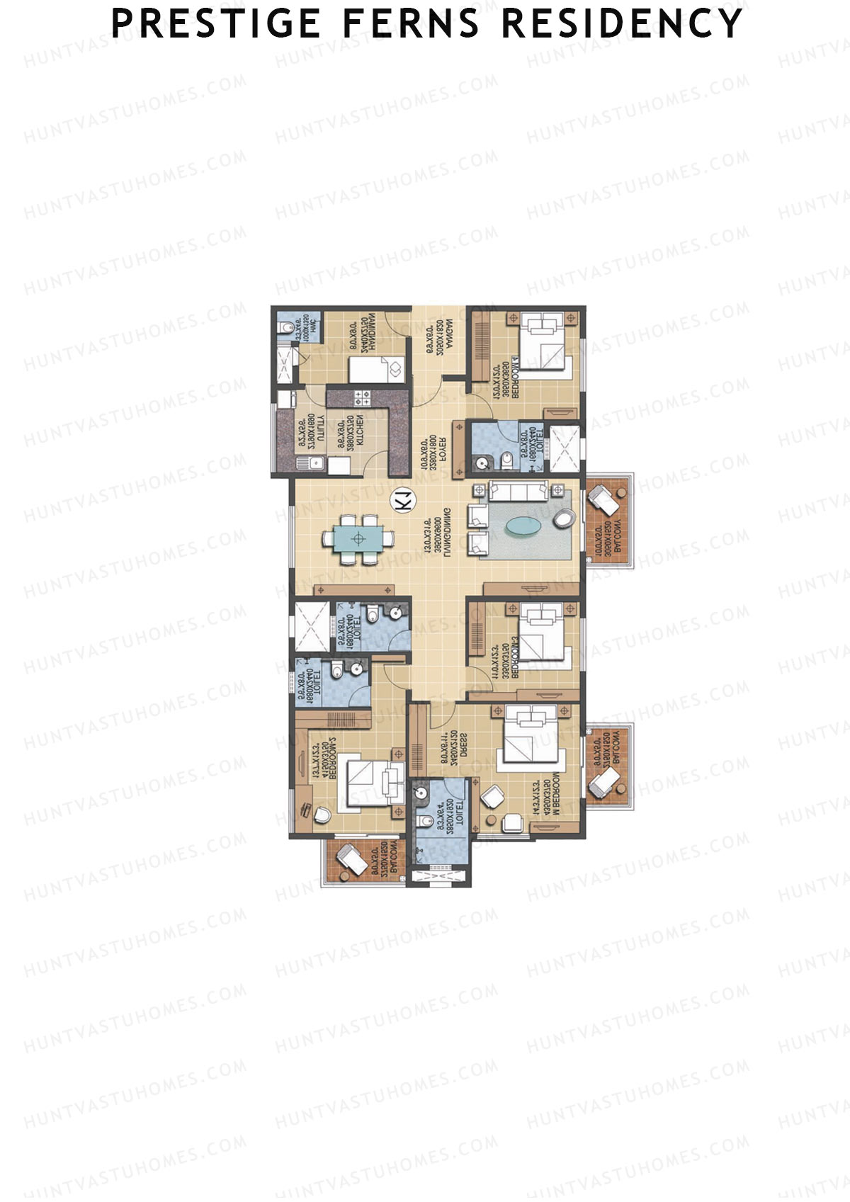 Prestige Ferns Residency, Tower 2, Unit 4 (Type K1), 4BHK, Super Area 2572   sq ft 