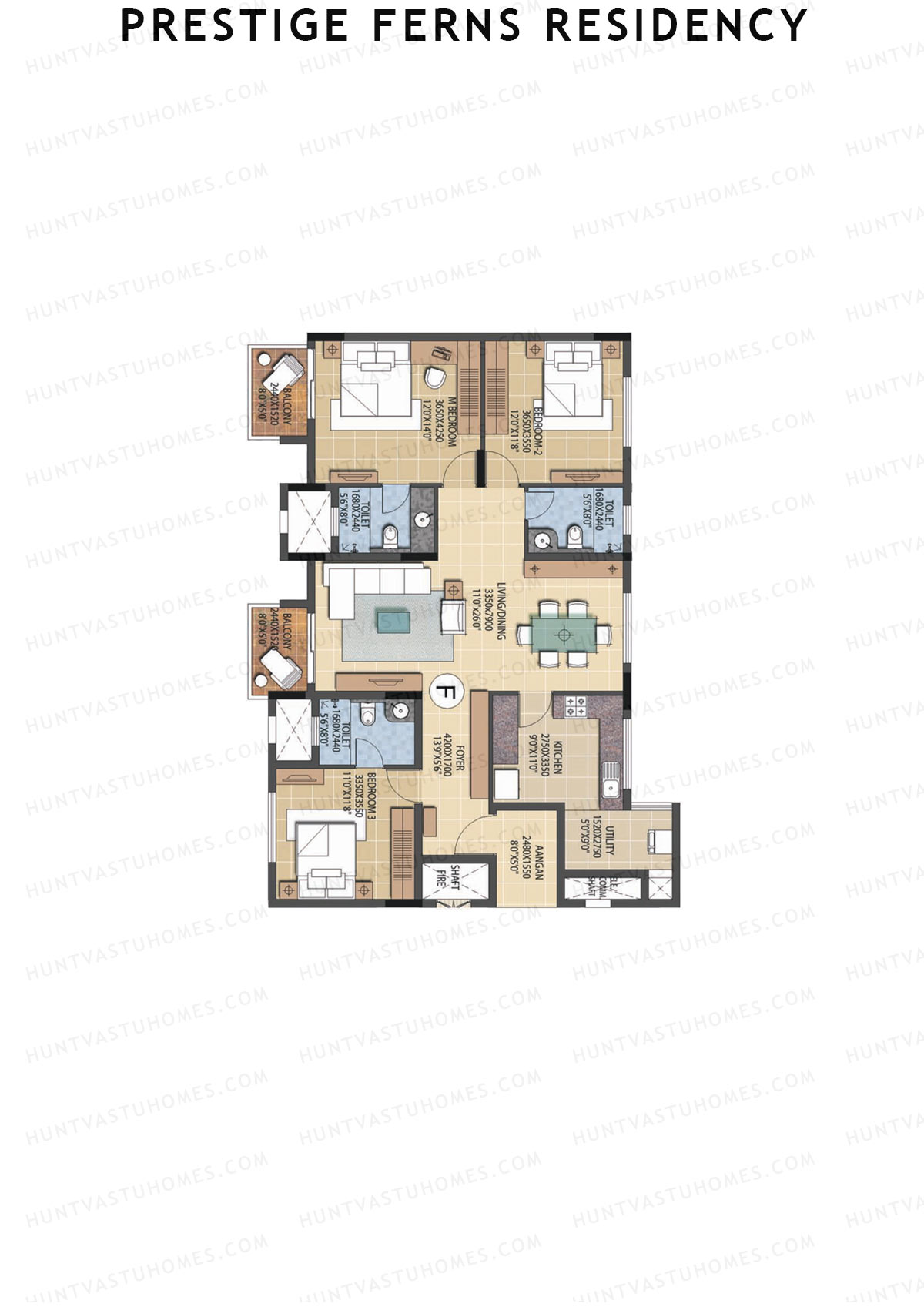 Prestige Ferns Residency, Tower 3, Unit 4 (Type F), 3BHK, Super Area 1749   sq ft 