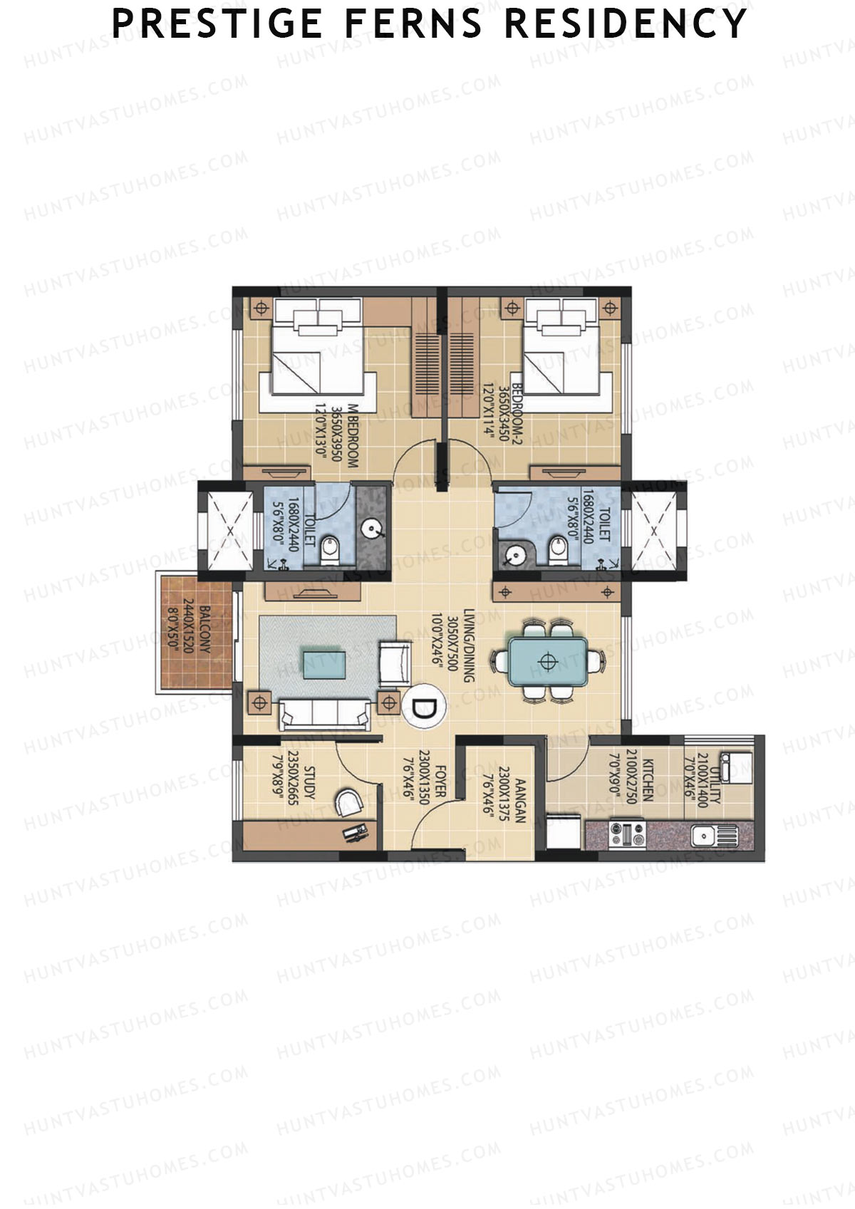Prestige Ferns Residency, Tower 4, Unit 4 (Type D), 2BHK, Super Area 1303   sq ft 