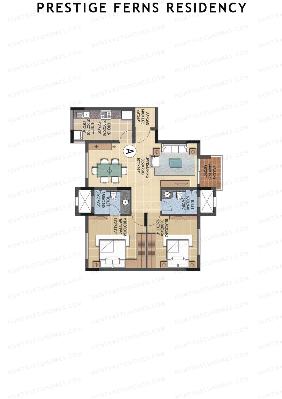 Prestige Ferns Residency, Tower 6, Unit 2 (Type A), 2BHK, Super Area 1174   sq ft 