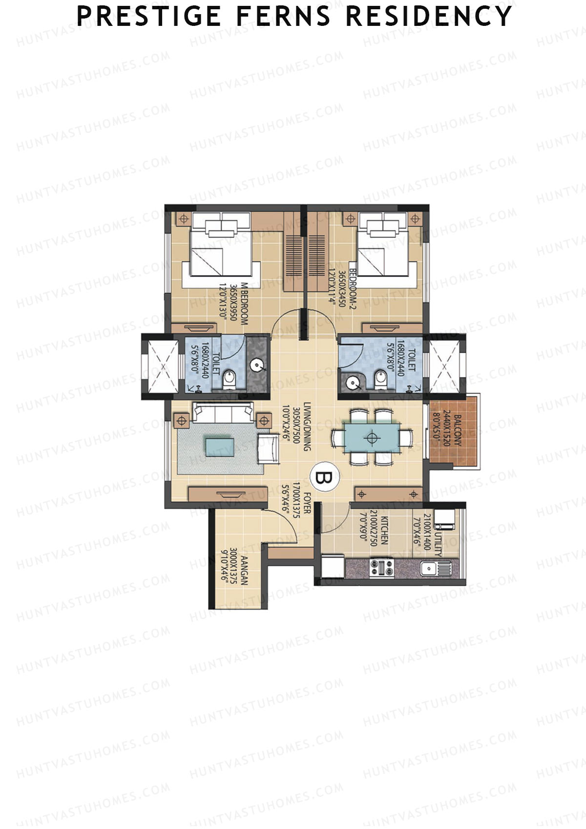 Prestige Ferns Residency, Tower 7, Unit 1 (Type B), 2BHK, Super Area 1197   sq ft 