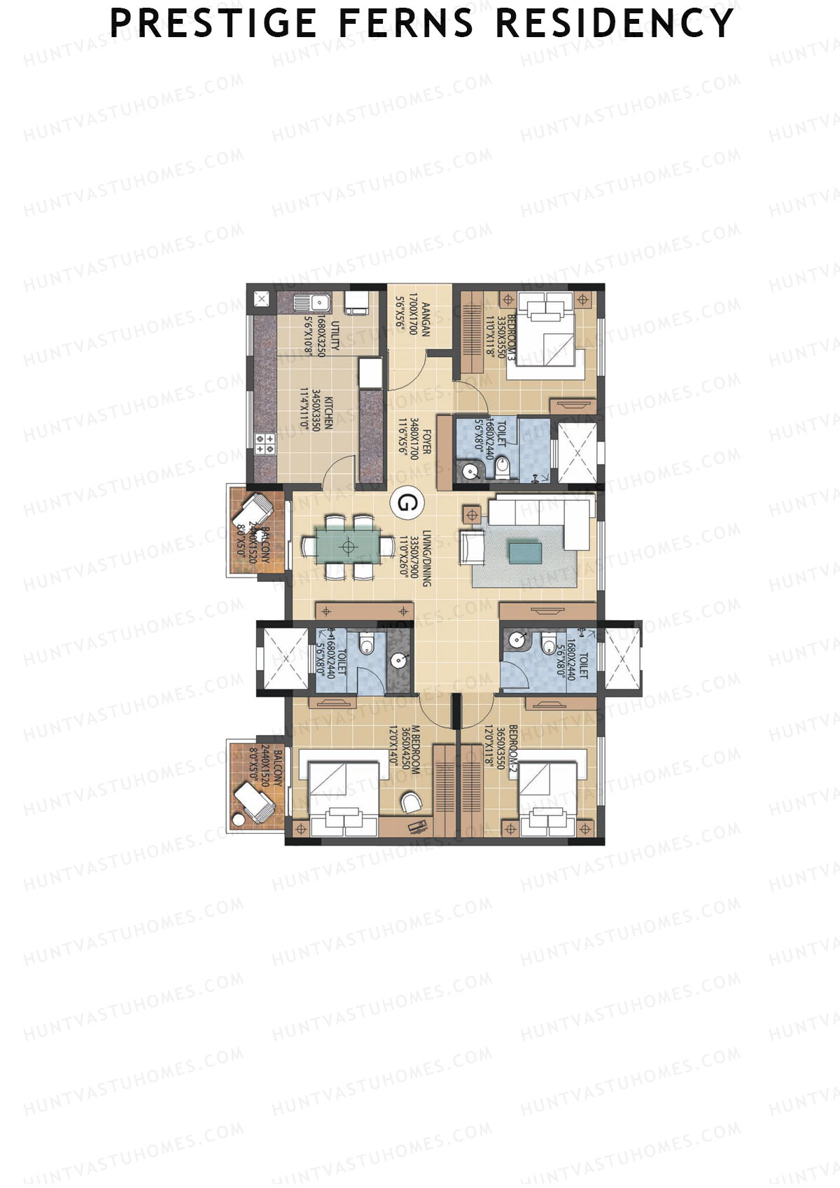 Prestige Ferns Residency, Tower 7, Unit 3 (Type G), 3BHK, Super Area 1755   sq ft 