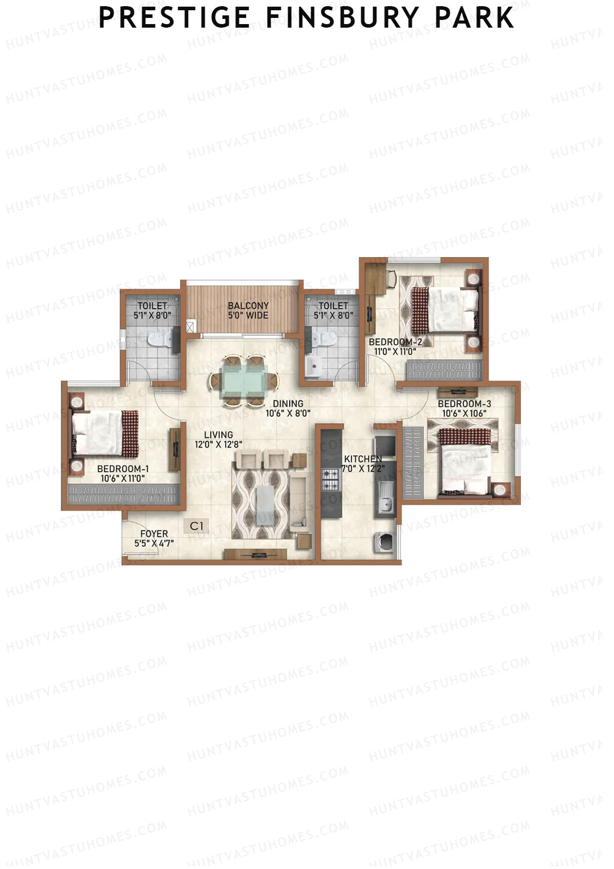 Prestige Finsbury Park Tower 13 Unit 3 (Type C1) Floor Plan