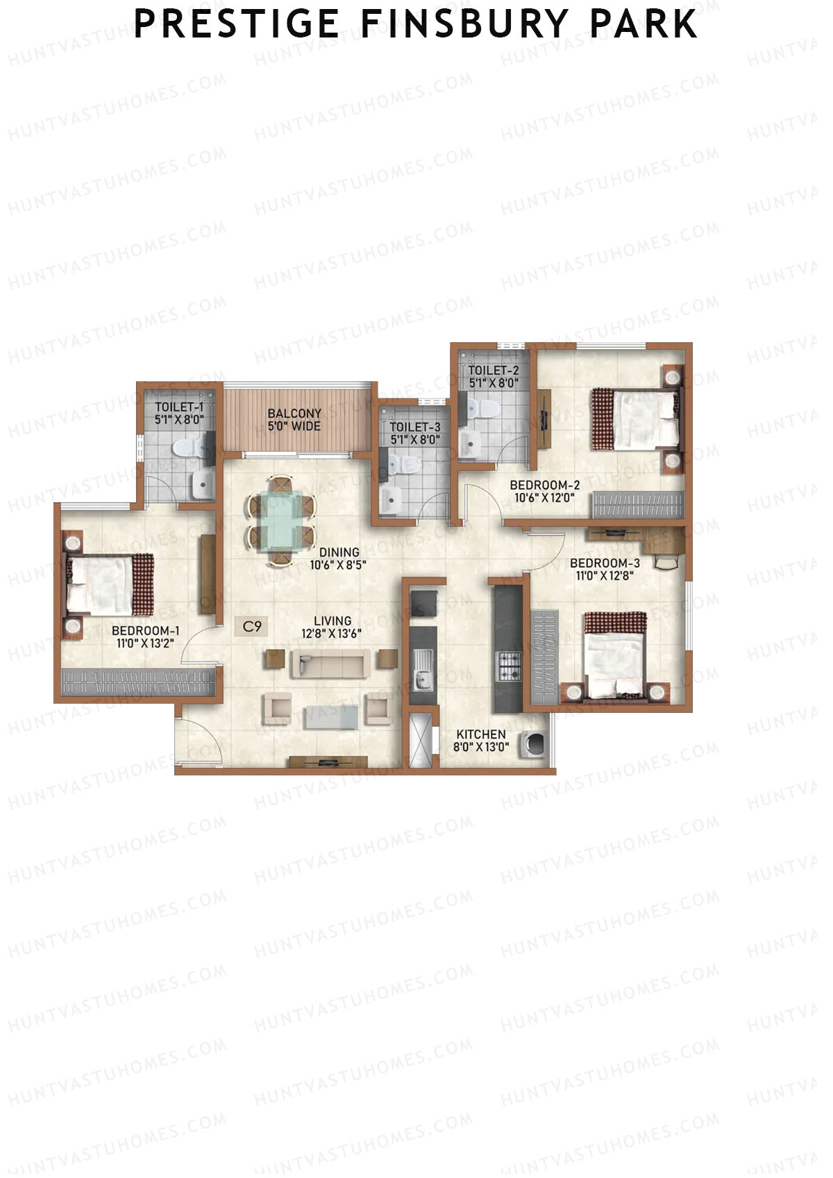 Prestige Finsbury Park Tower 16 Unit 5 (Type C9) Floor Plan