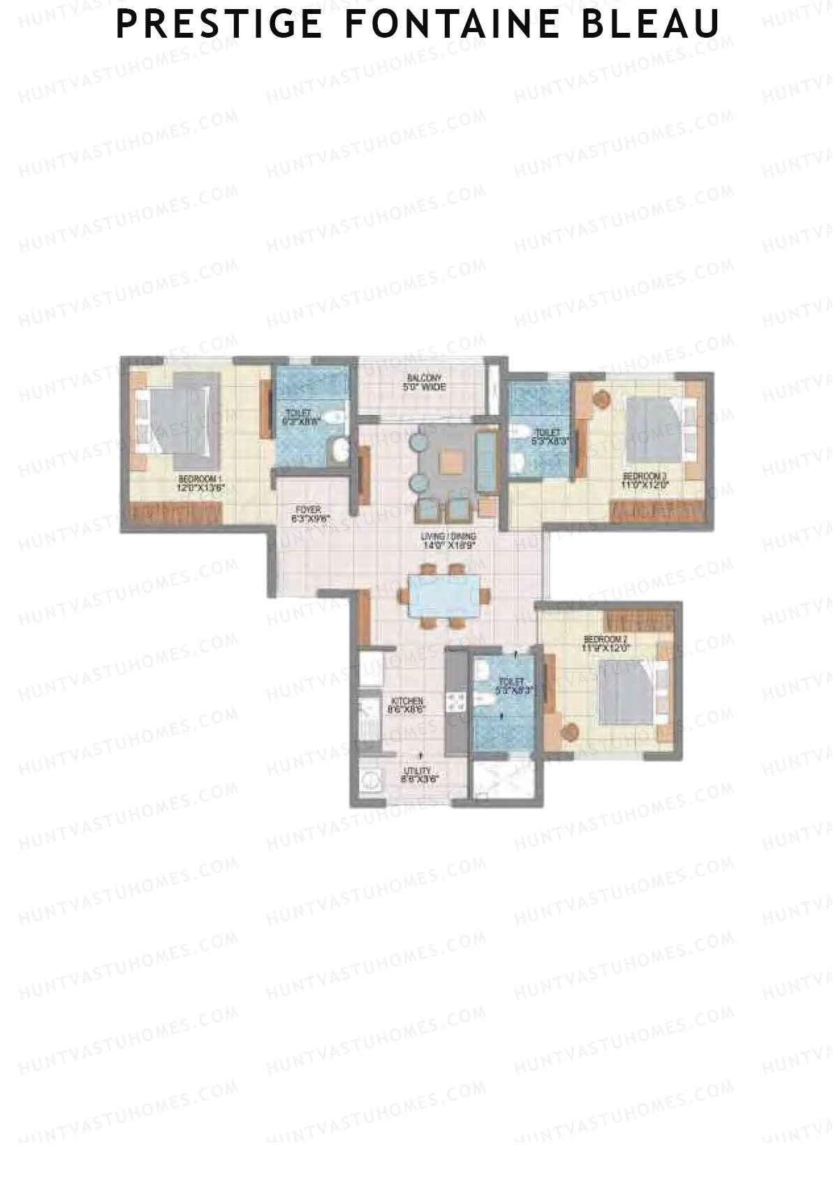 Prestige Fontaine Bleau Tower 2 Unit 1 (Type D) Floor Plan