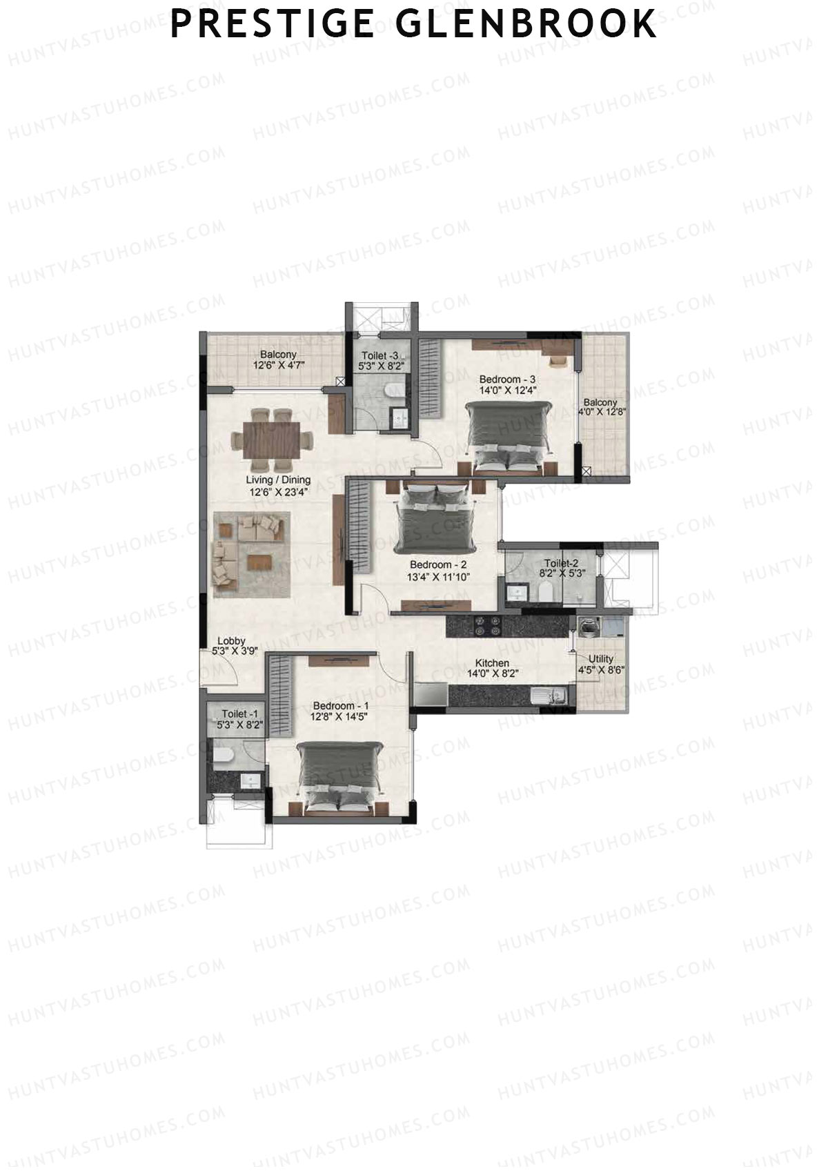 Prestige Glenbrook Tower 1 Unit 1 (Type K) Floor Plan