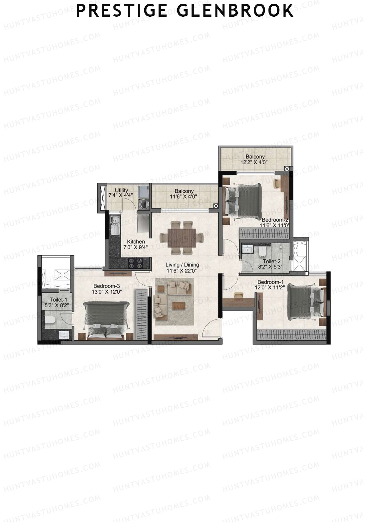 Prestige Glenbrook Tower 1 Unit 3 (Type E1) Floor Plan