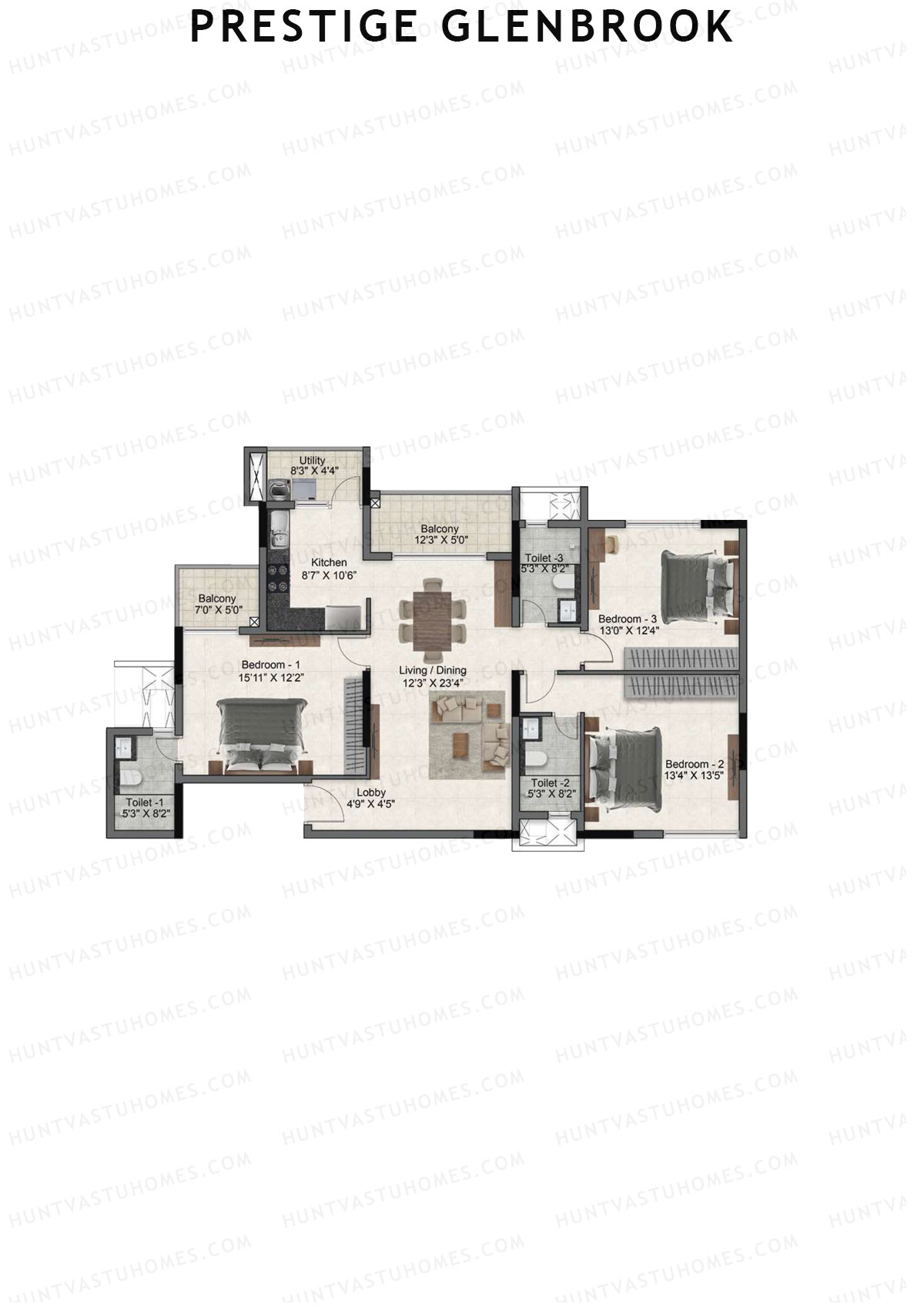 Prestige Glenbrook Tower 2 Unit 3 (Type J) Floor Plan