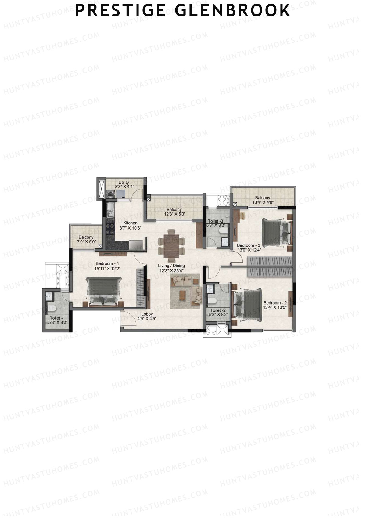 Prestige Glenbrook Tower 2 Unit 3 (Type J) Floor Plan