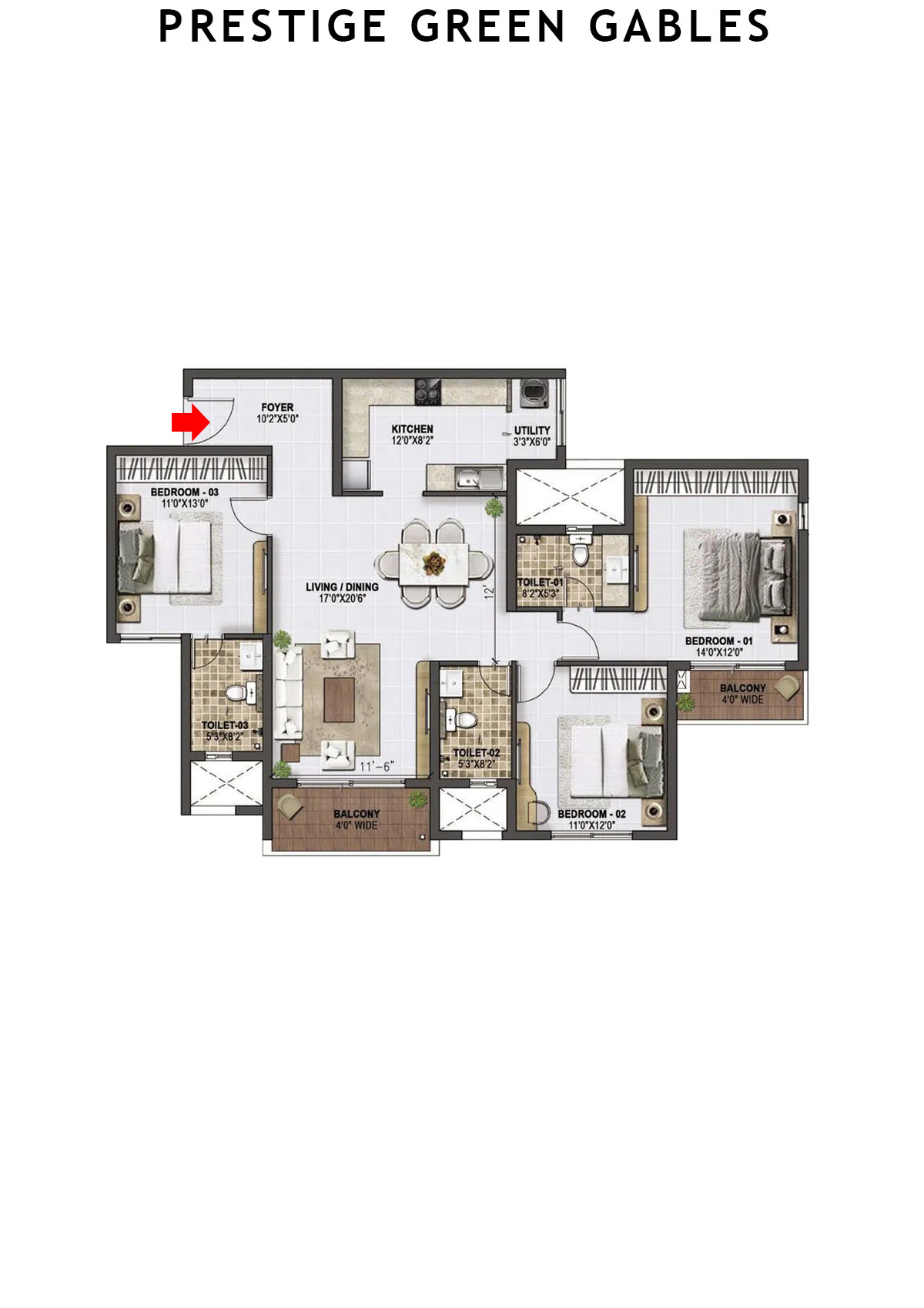 Prestige Green Gables Tower 1 Unit 5 (Type H) Floor Plan