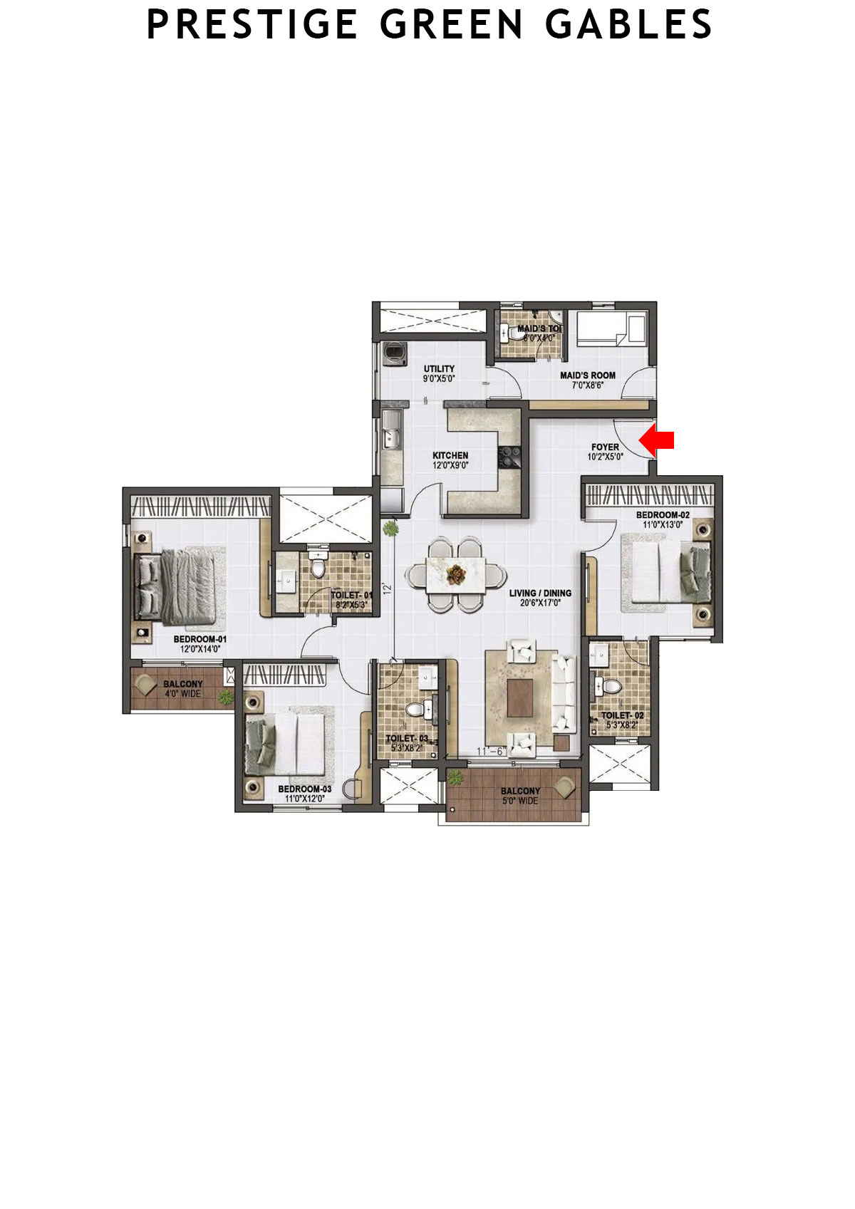 Prestige Green Gables Tower 1 Unit 8 (Type J) Floor Plan