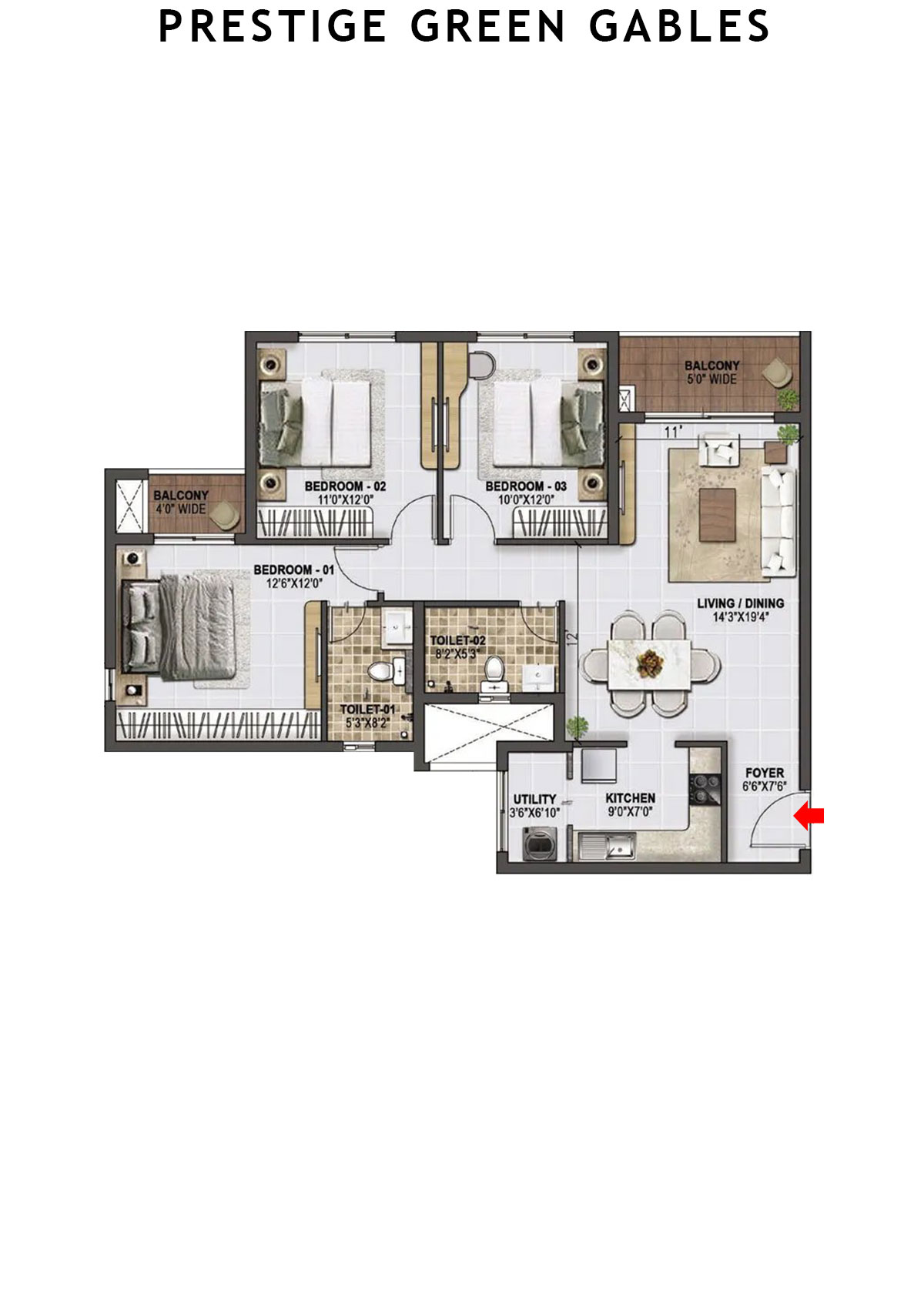Prestige Green Gables Tower 3 Unit 1 (Type D) Floor Plan