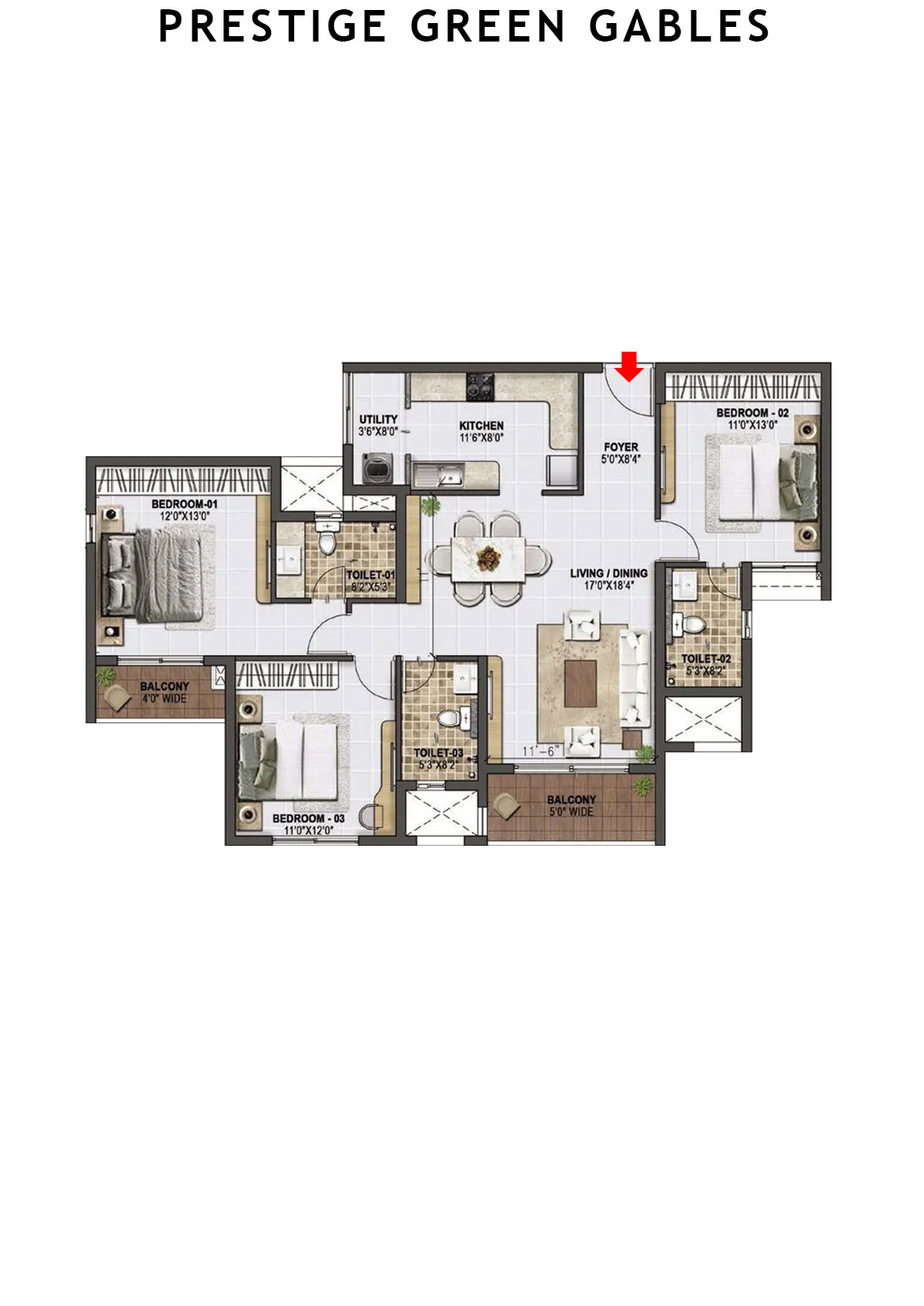 Prestige Green Gables Tower 3 Unit 8 (Type E) Floor Plan