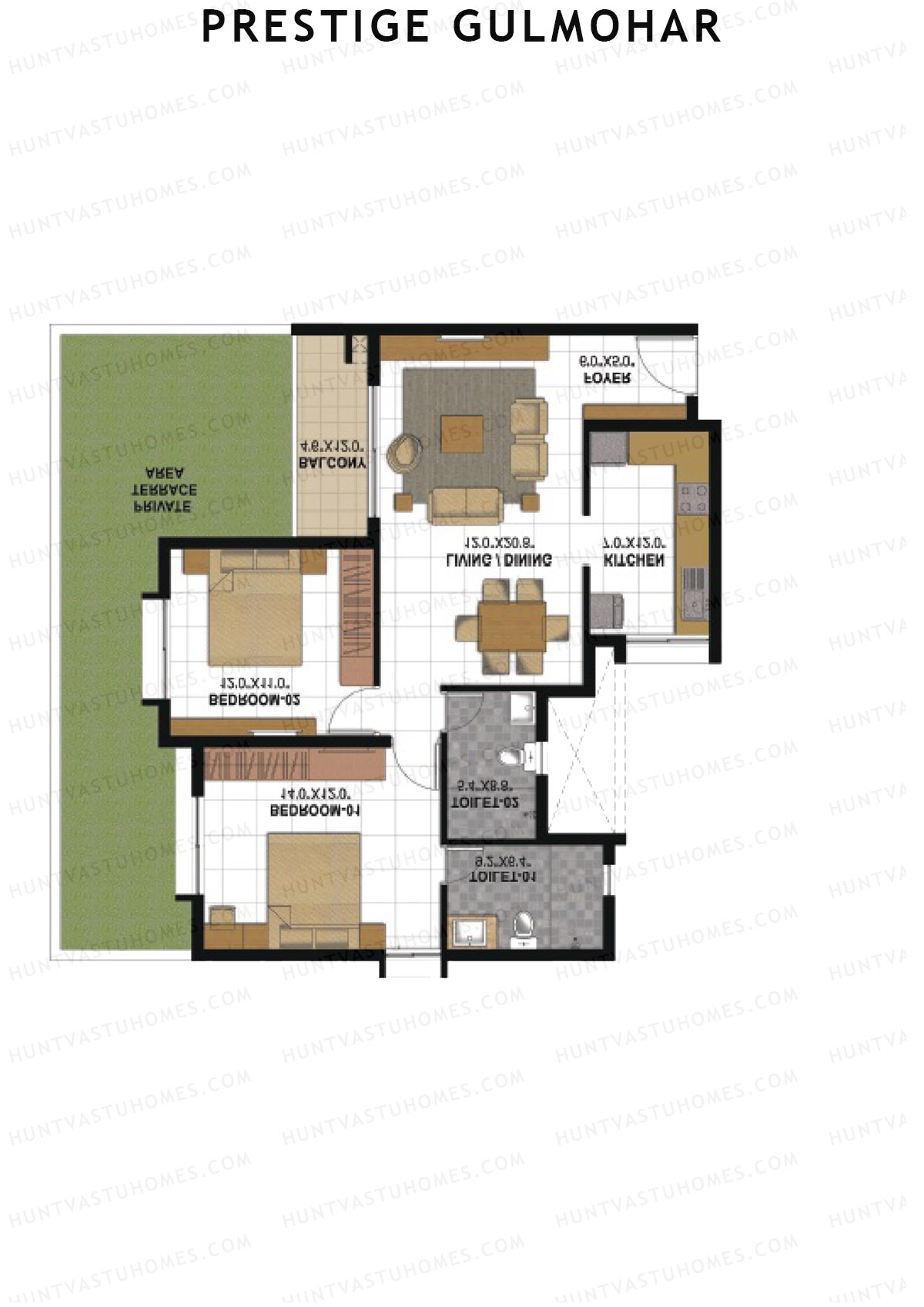 Prestige Gulmohar Tower 1 Unit 1 (Type B1) Floor Plan
