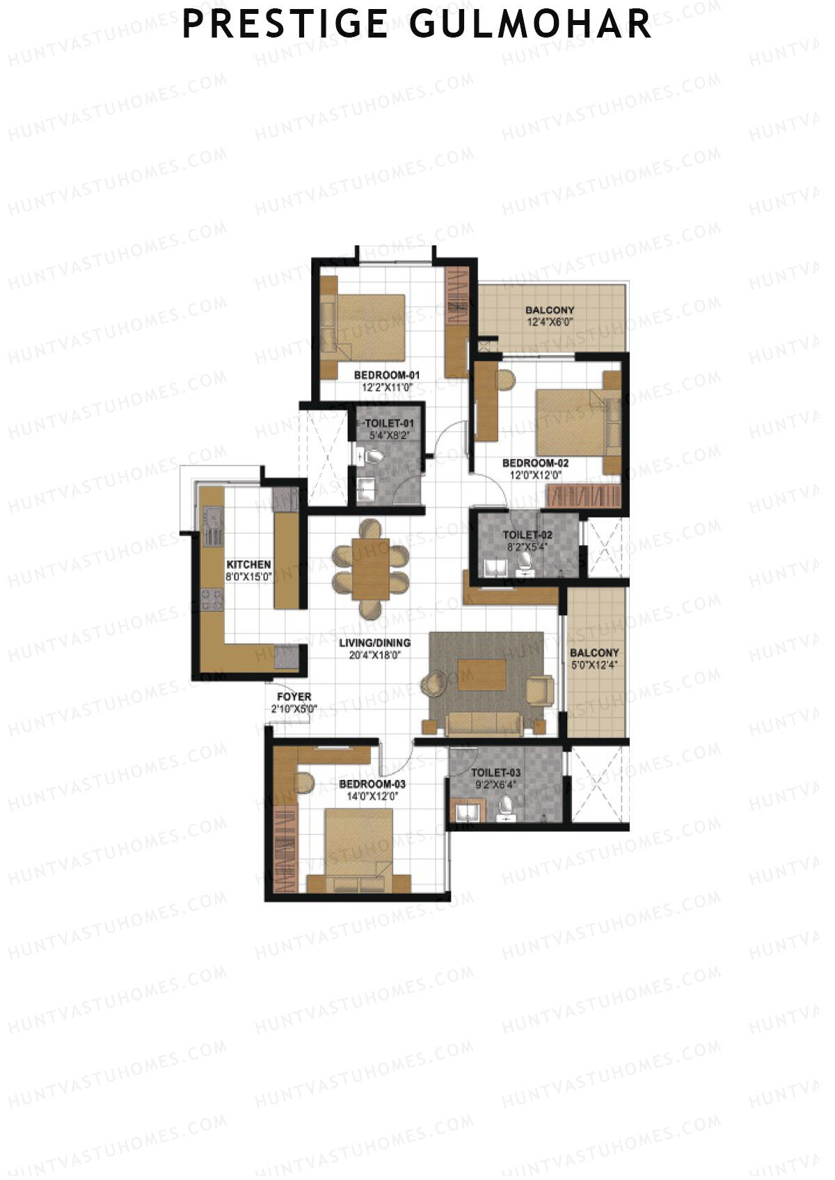 Prestige Gulmohar Tower 1 Unit 3 (Type K) Floor Plan