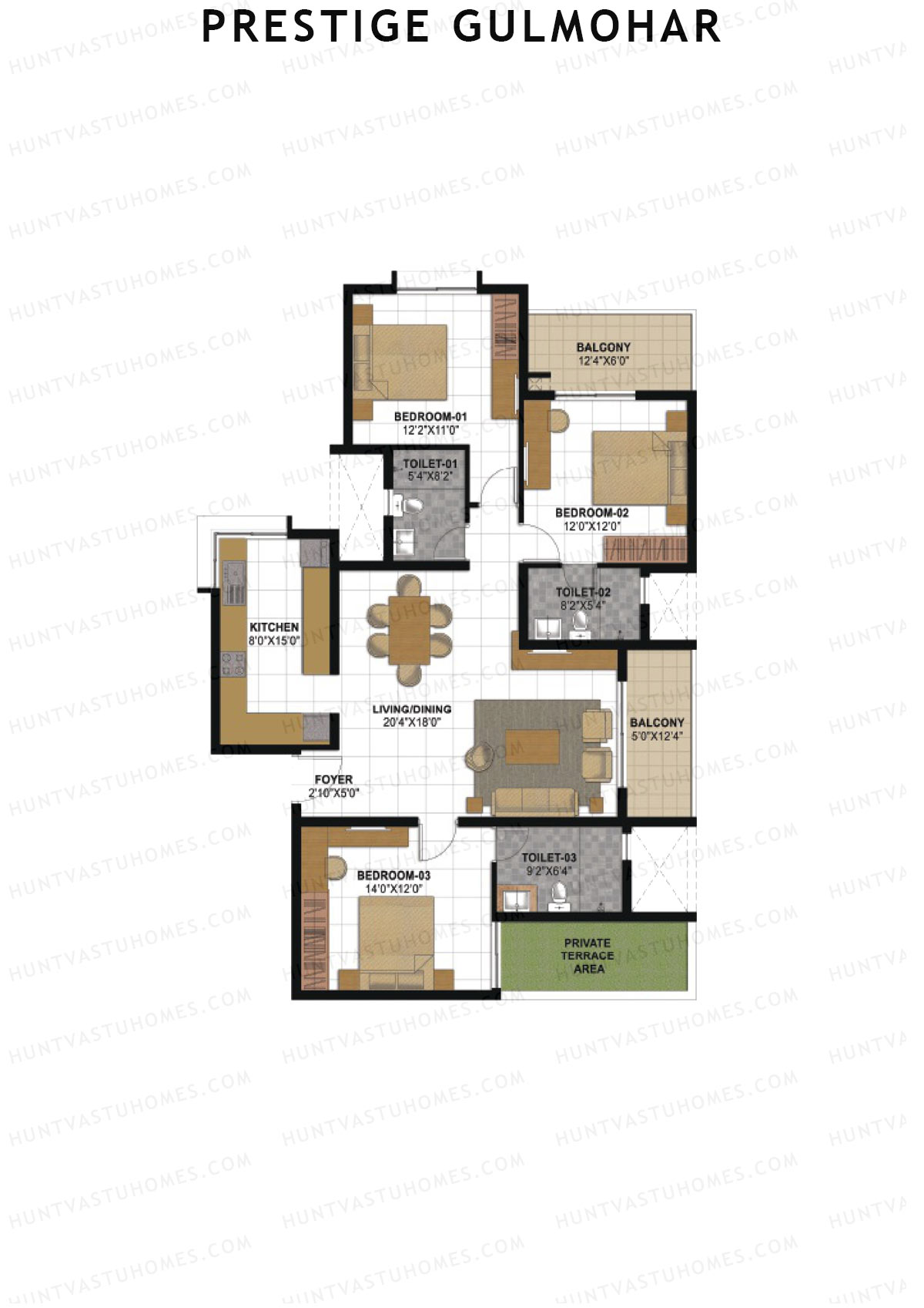 Prestige Gulmohar Tower 1 Unit 3 (Type K1) Floor Plan