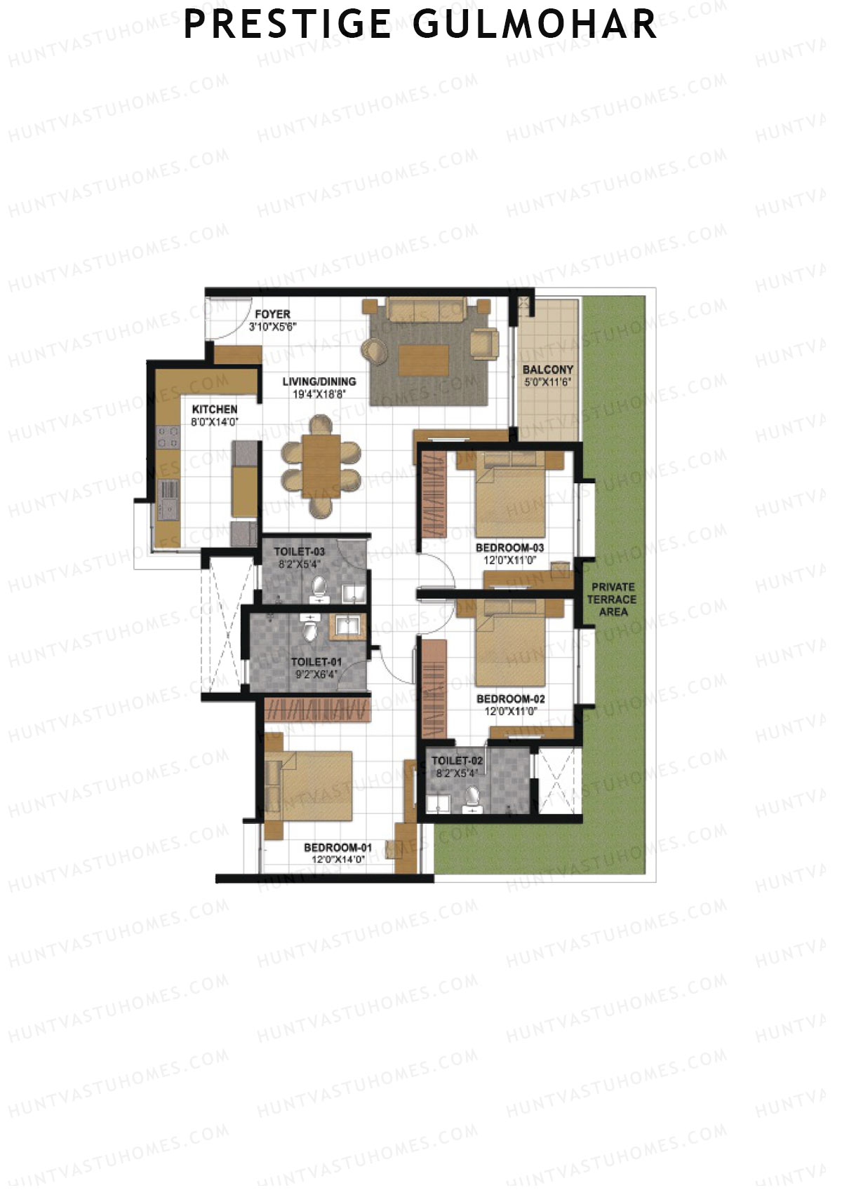 Prestige Gulmohar Tower 1 Unit 4 (Type F3) Floor Plan