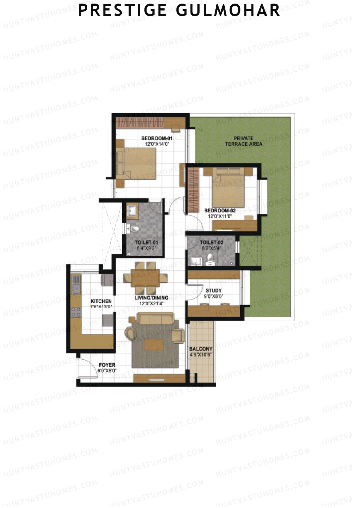 Prestige Gulmohar Tower 2 Unit 1 (Type E2) Floor Plan