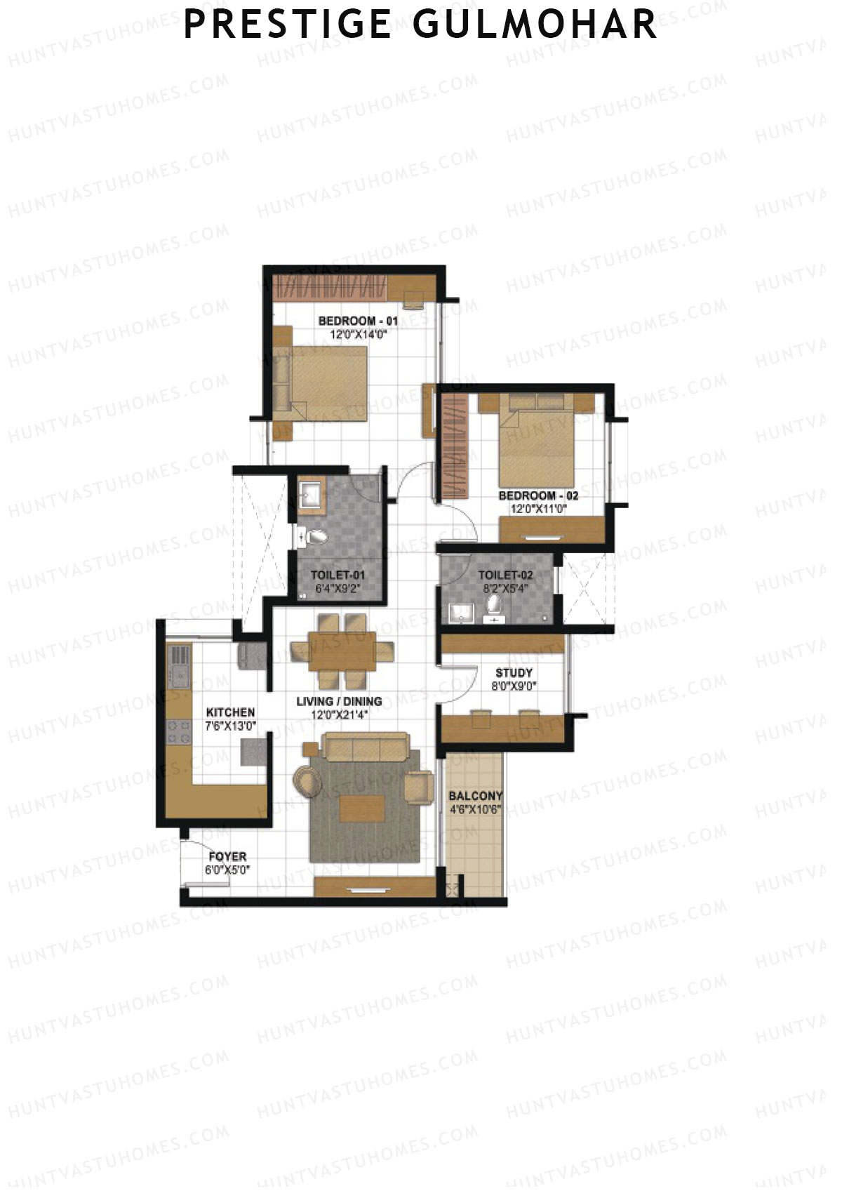 Prestige Gulmohar Tower 2 Unit 1 (Type E) Floor Plan