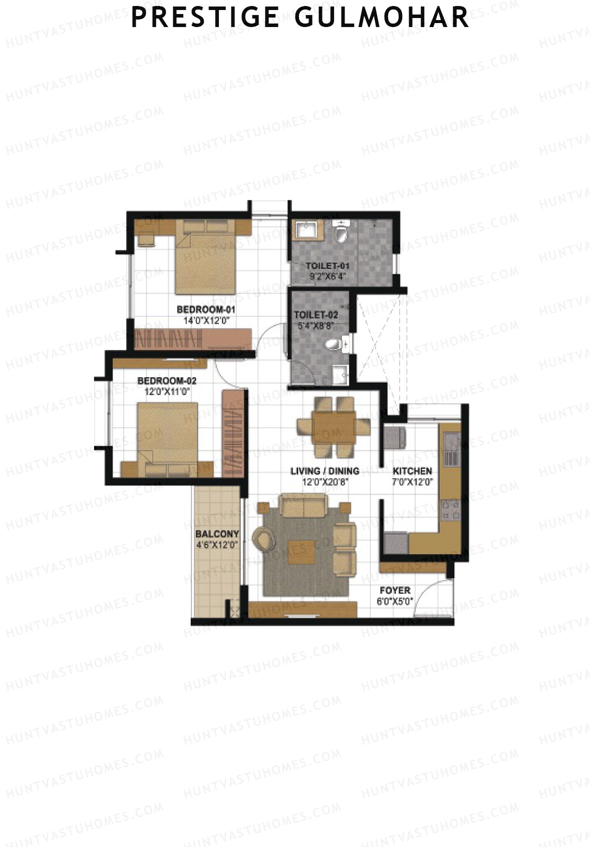 Prestige Gulmohar Tower 2 Unit 4 (Type B) Floor Plan