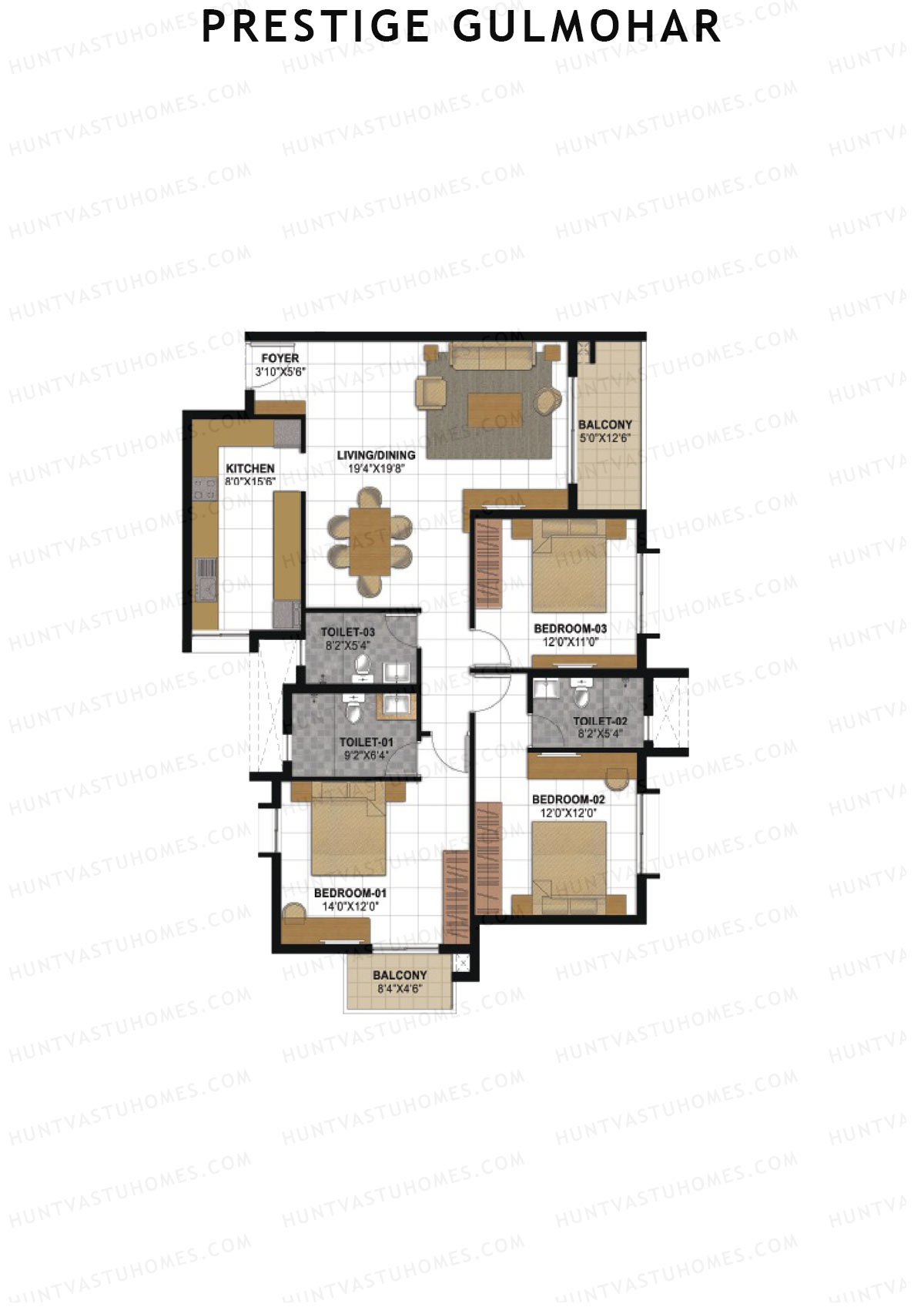 Prestige Gulmohar Tower 3 Unit 2 (Type J) Floor Plan