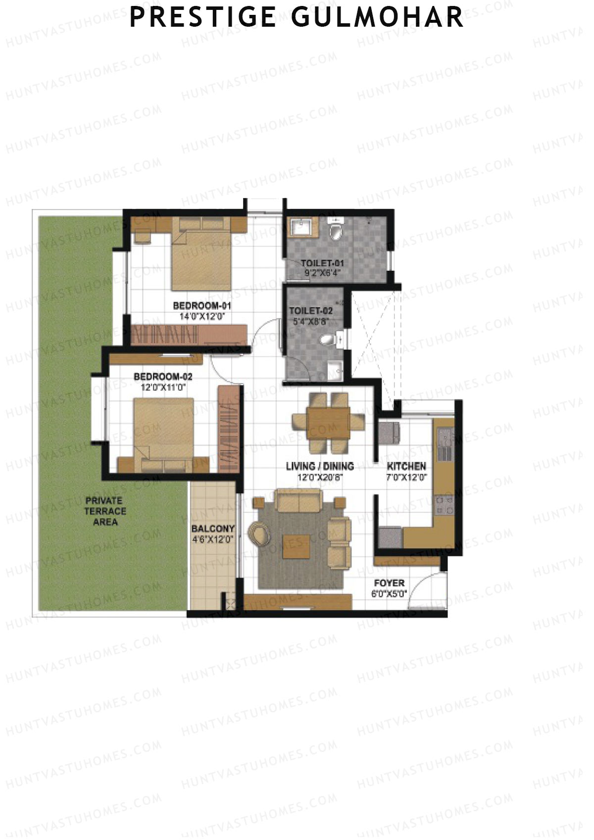 Prestige Gulmohar Tower 3 Unit 4 (Type B1) Floor Plan