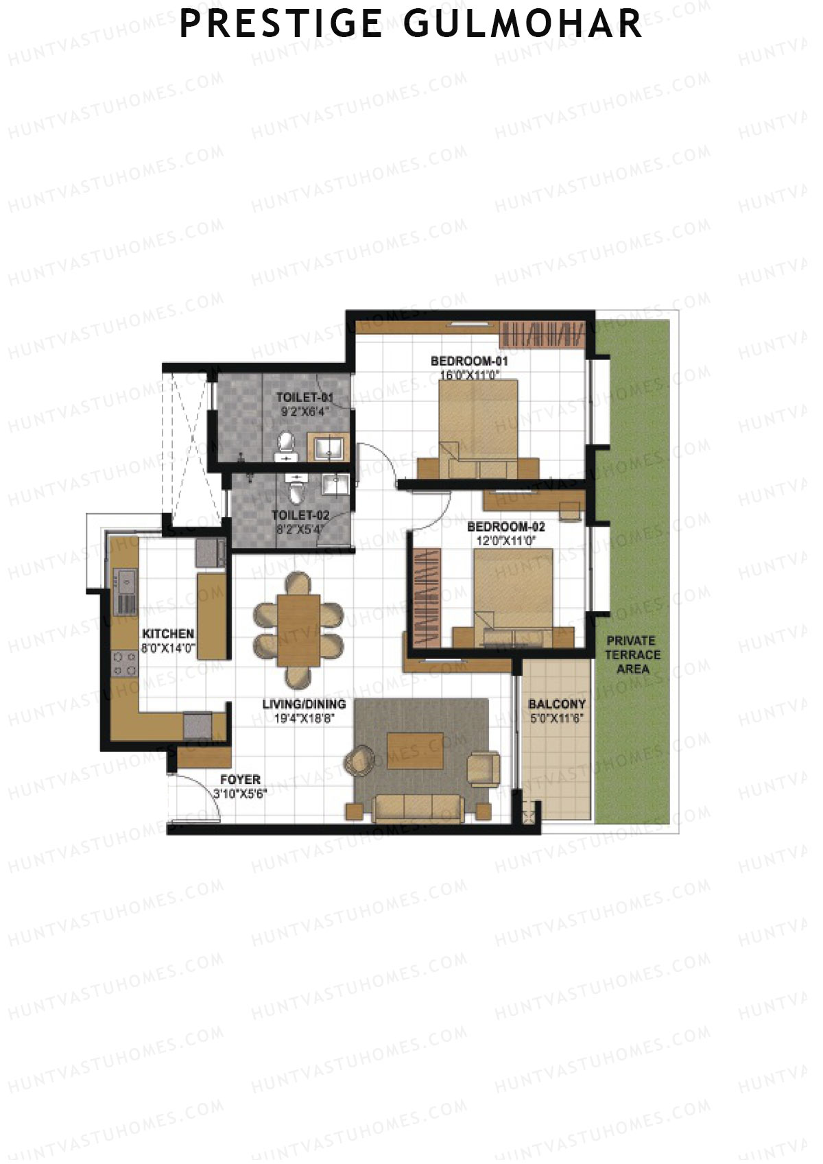 Prestige Gulmohar Tower 4 Unit 1 (Type F1) Floor Plan