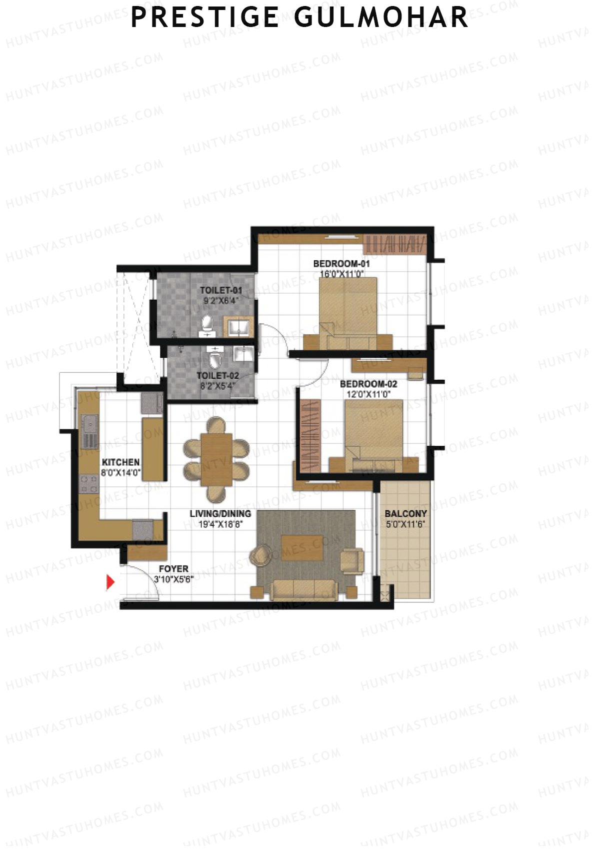 Prestige Gulmohar Tower 4 Unit 1 (Type F2) Floor Plan