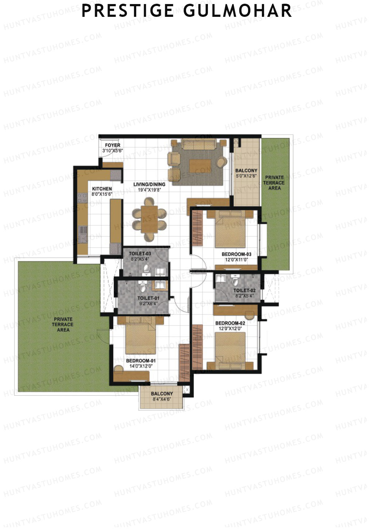 Prestige Gulmohar Tower 4 Unit 2 (Type J1) Floor Plan