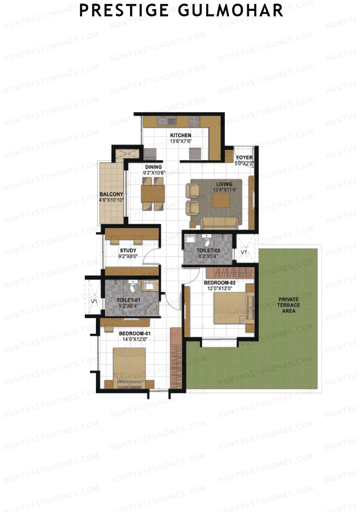 Prestige Gulmohar Tower 4 Unit 3 (Type D1) Floor Plan