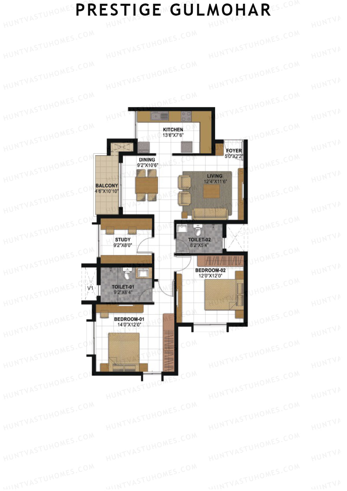 Prestige Gulmohar Tower 4 Unit 3 (Type D) Floor Plan