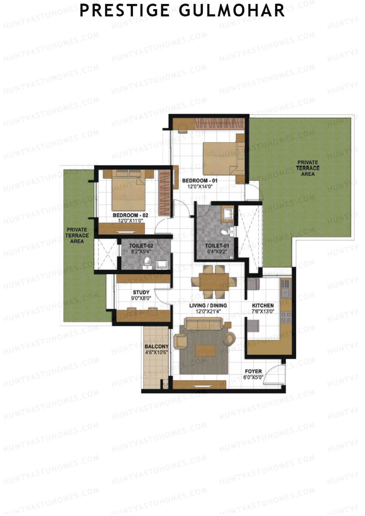 Prestige Gulmohar Tower 5 Unit 2 (Type E1) Floor Plan