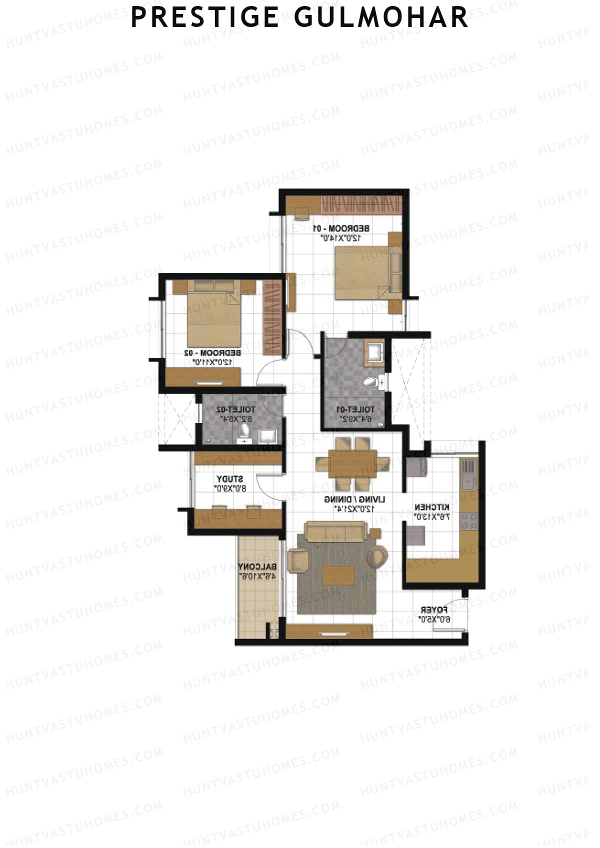 Prestige Gulmohar Tower 5 Unit 2 (Type E) Floor Plan