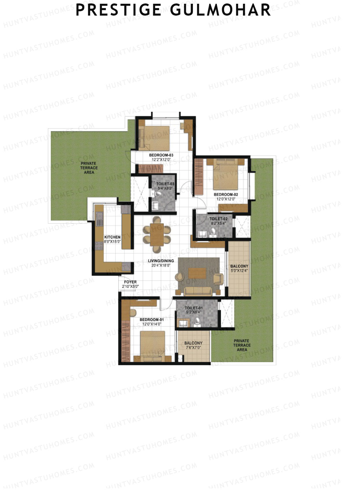 Prestige Gulmohar Tower 5 Unit 3 (Type H1) Floor Plan