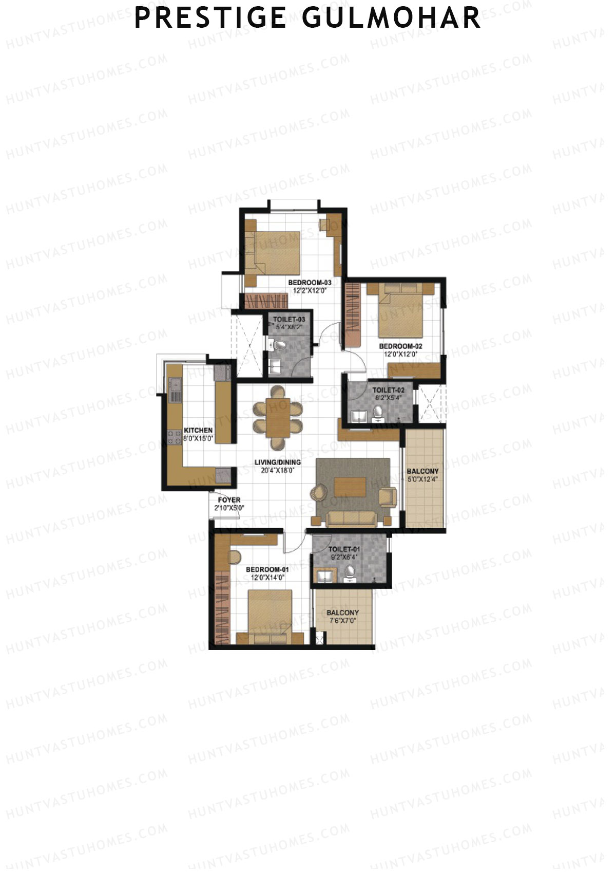 Prestige Gulmohar Tower 5 Unit 3 (Type H) Floor Plan