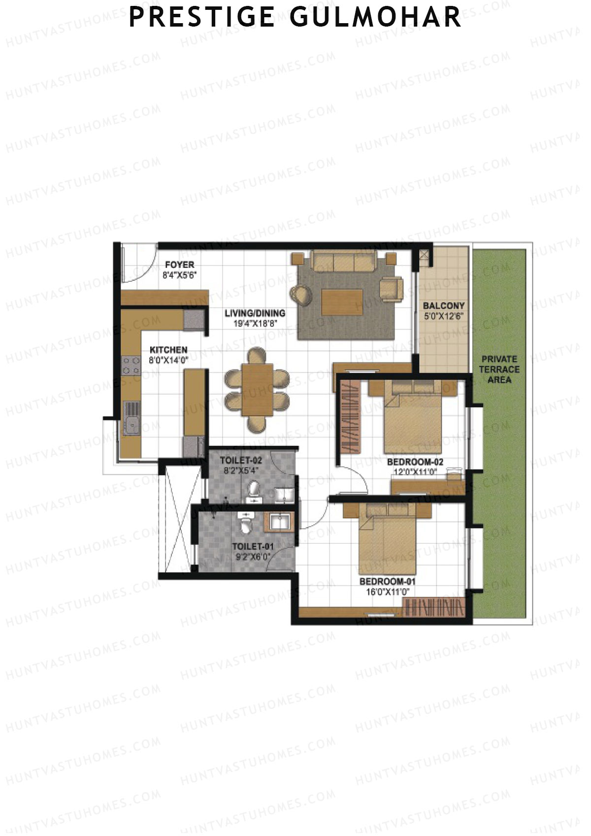 Prestige Gulmohar Tower 5 Unit 4 (Type G1) Floor Plan