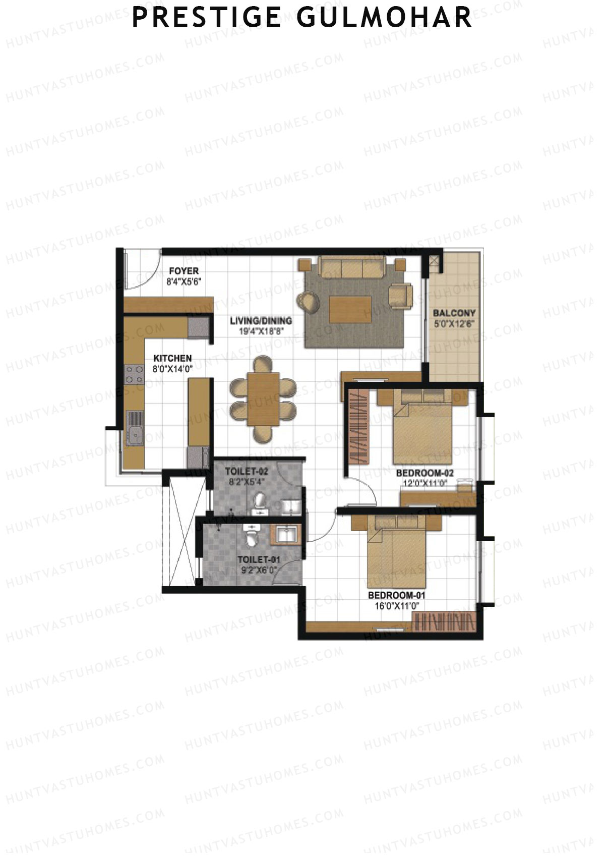 Prestige Gulmohar Tower 5 Unit 4 (Type G2) Floor Plan