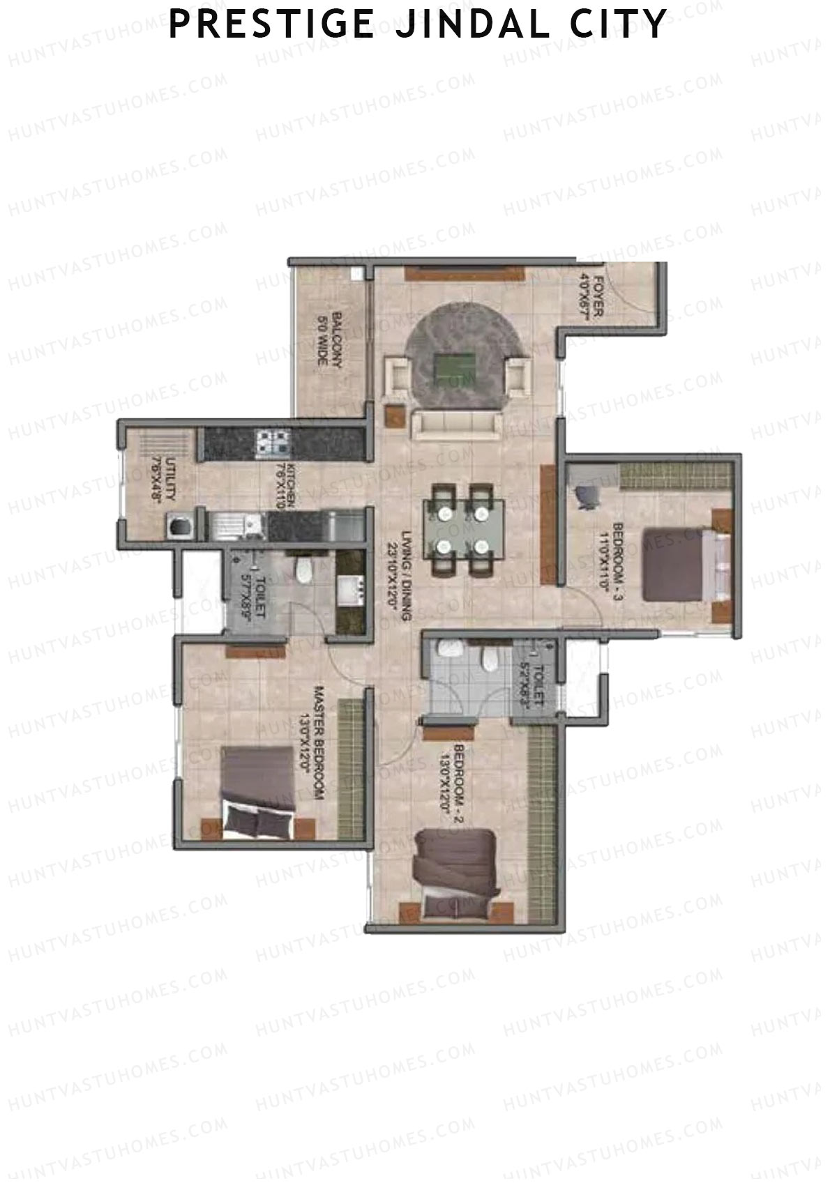Prestige Jindal City Building 2 Tower 1 Unit 3 (Type D4) Floor Plan