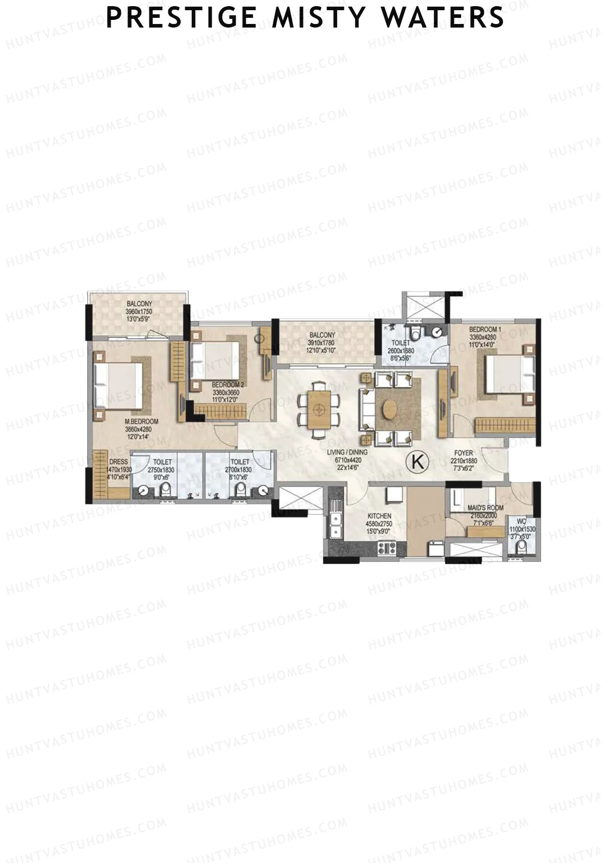 Prestige Misty Waters Tower 1 Unit 1 (Type L) Floor Plan