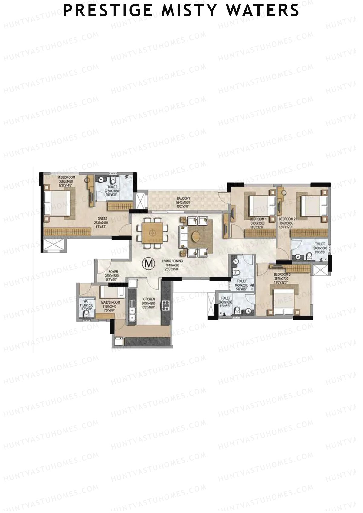 Prestige Misty Waters Tower 1 Unit 2 (Type M) Floor Plan