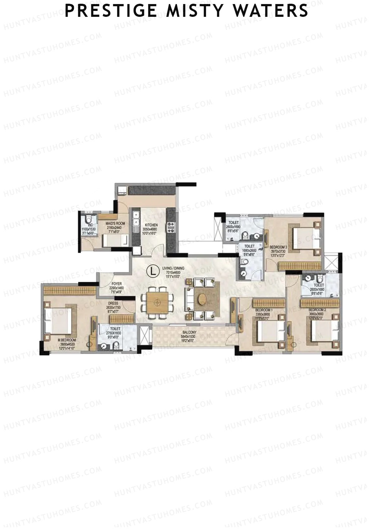 Prestige Misty Waters Tower 1 Unit 3 (Type L) Floor Plan