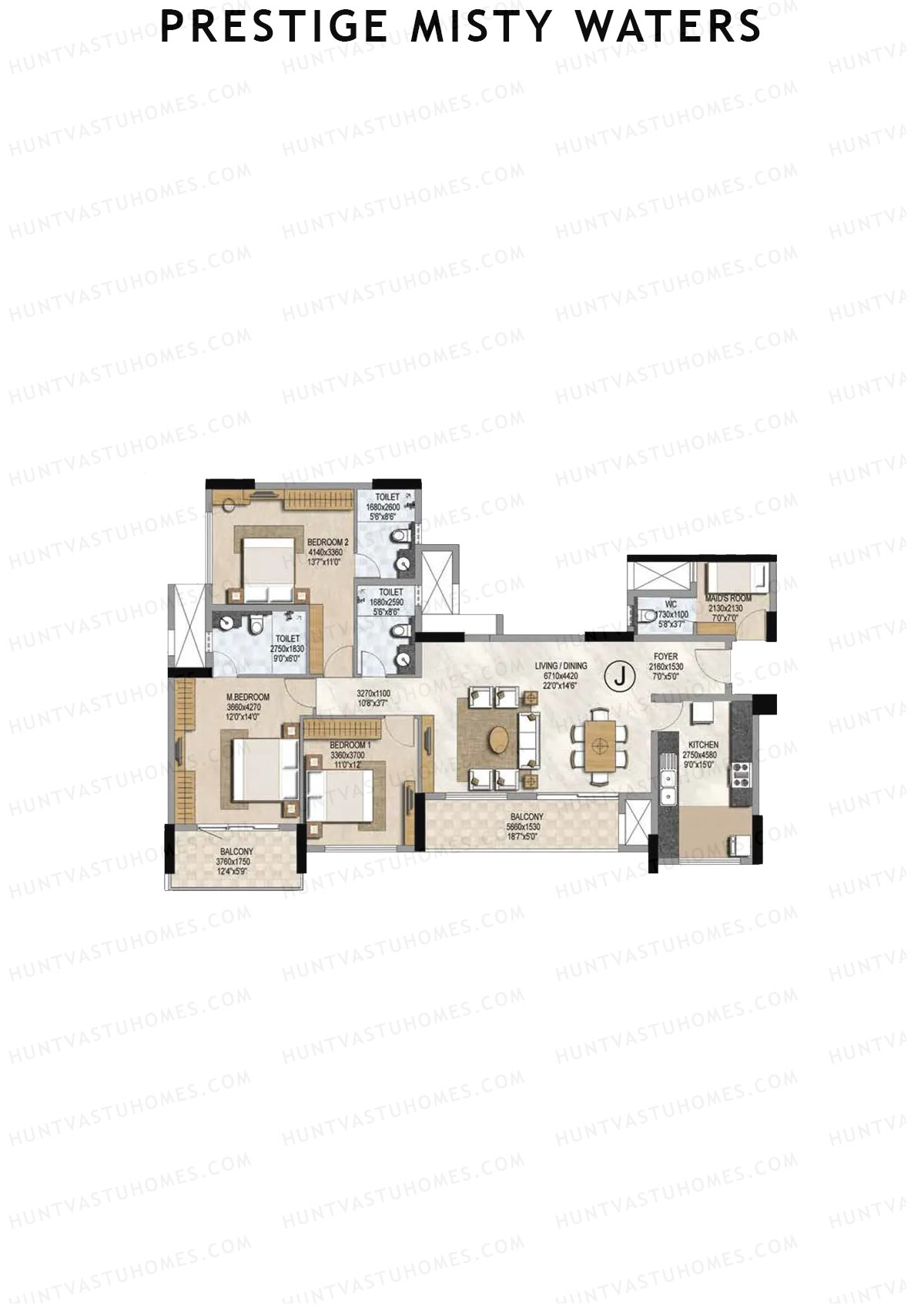 Prestige Misty Waters Tower 1 Unit 4 (Type J) Floor Plan