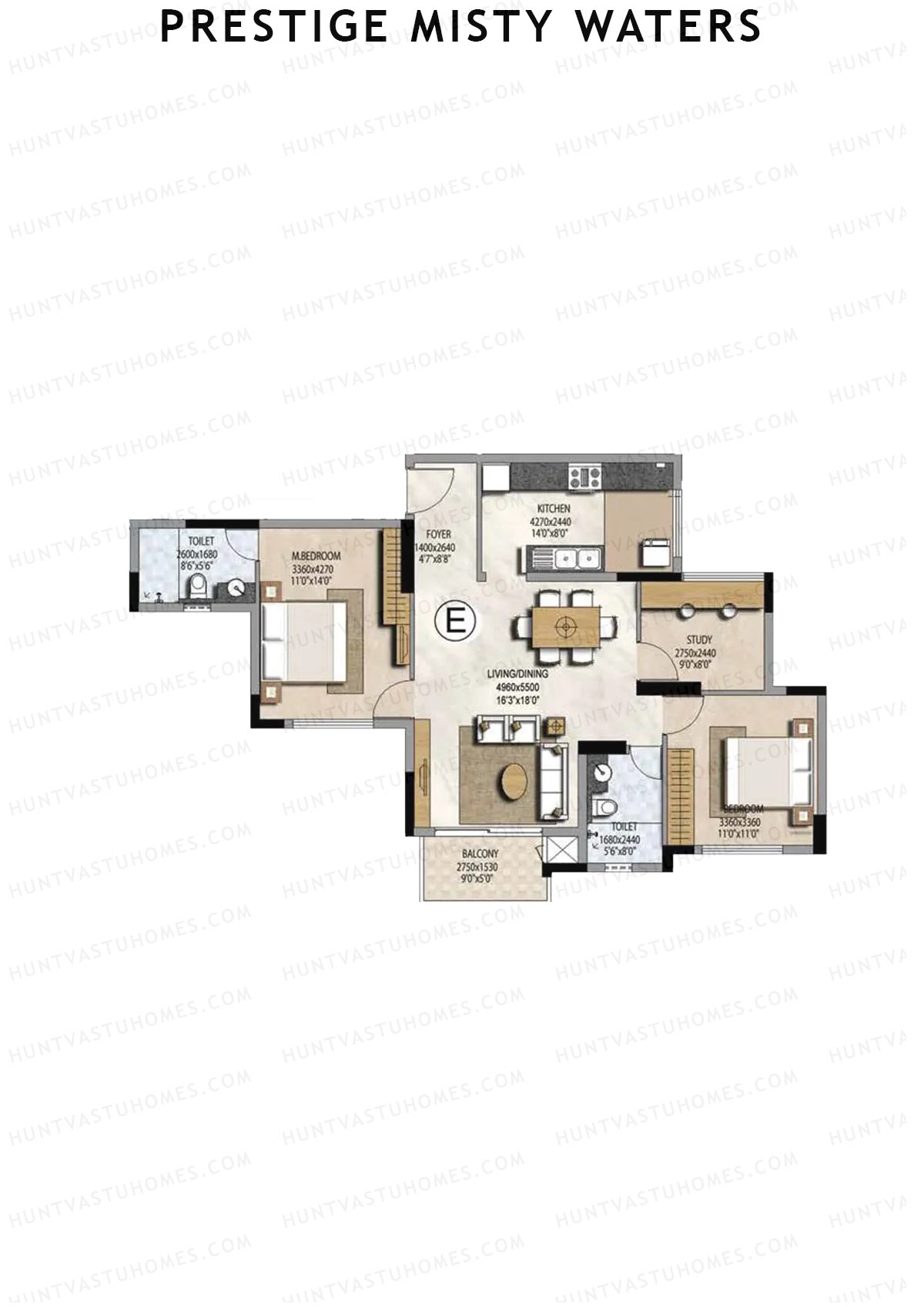 Prestige Misty Waters Tower 2 Unit 4 (Type E) Floor Plan
