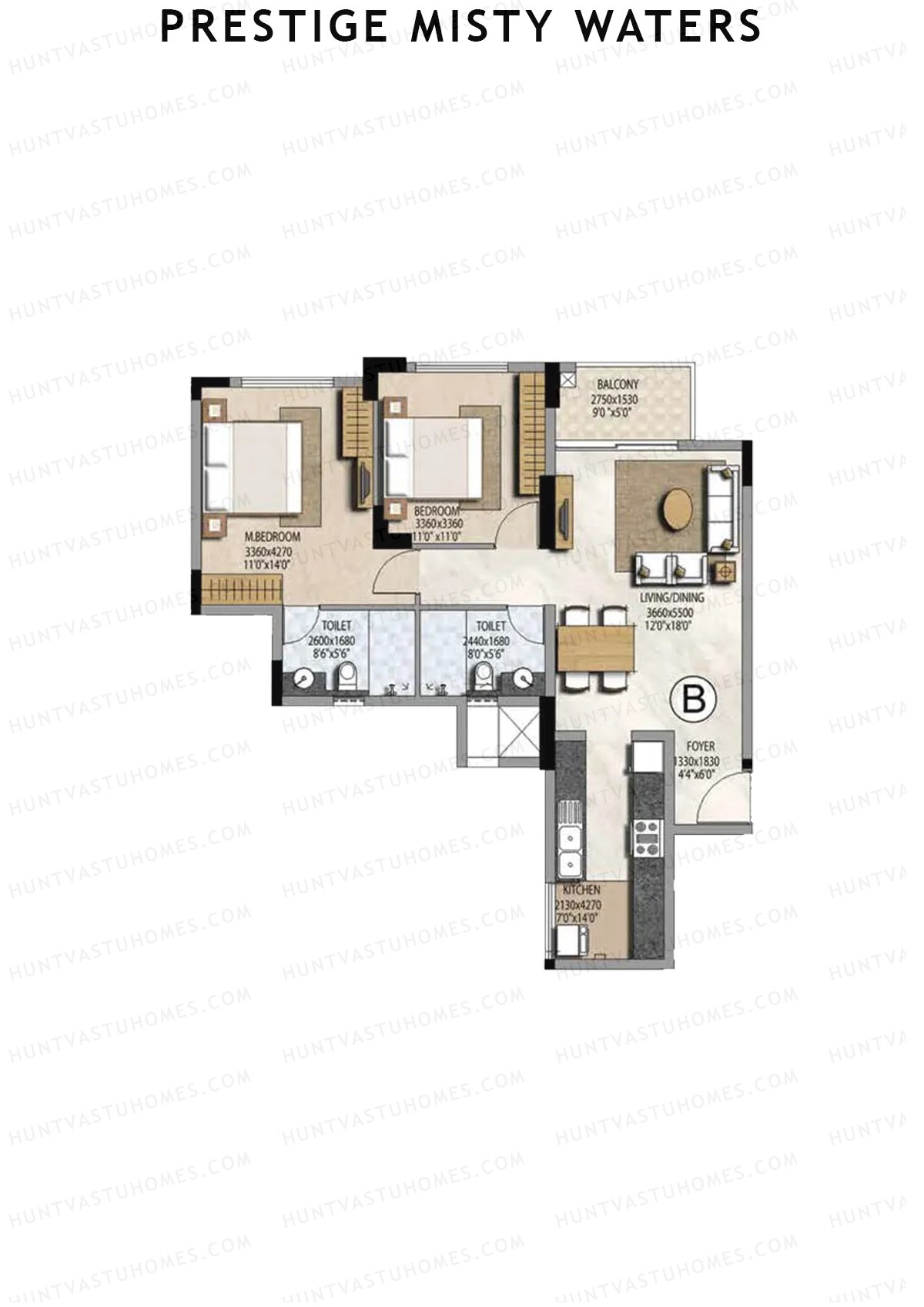 Prestige Misty Waters Tower 3 Unit 1 (Type B) Floor Plan