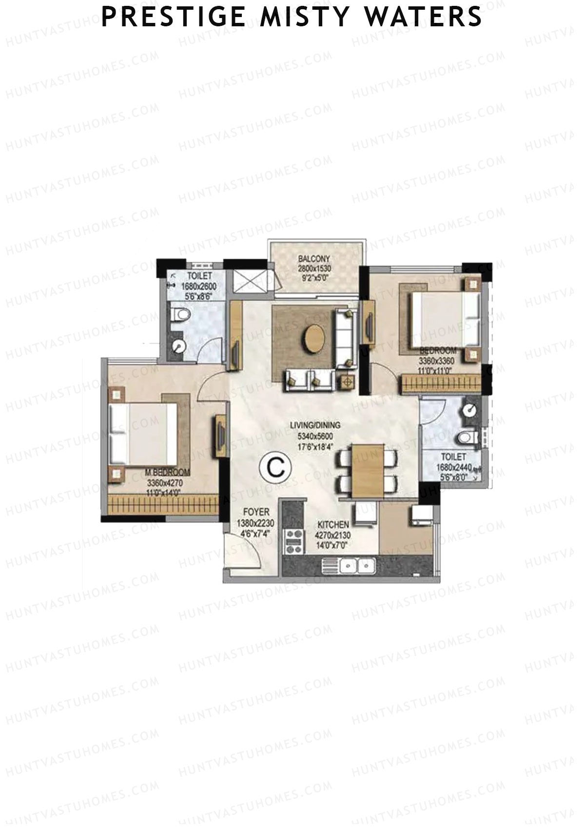 Prestige Misty Waters Tower 3 Unit 2 (Type C) Floor Plan