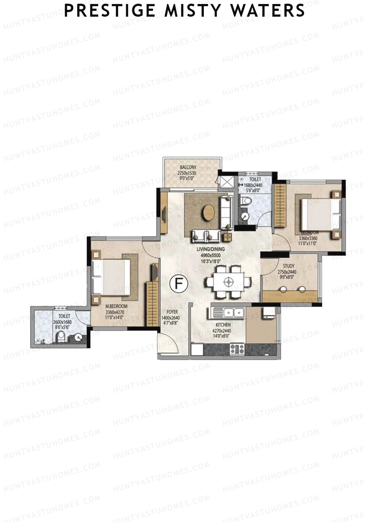 Prestige Misty Waters Tower 3 Unit 3 (Type F) Floor Plan