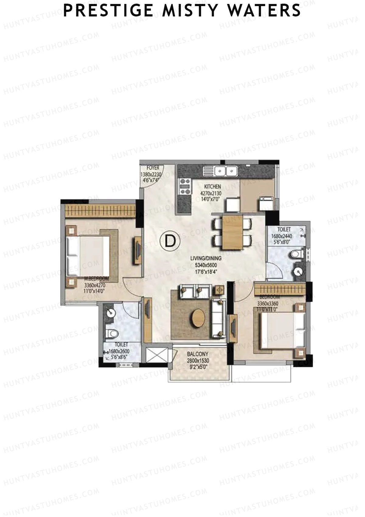 Prestige Misty Waters Tower 3 Unit 5 (Type D) Floor Plan