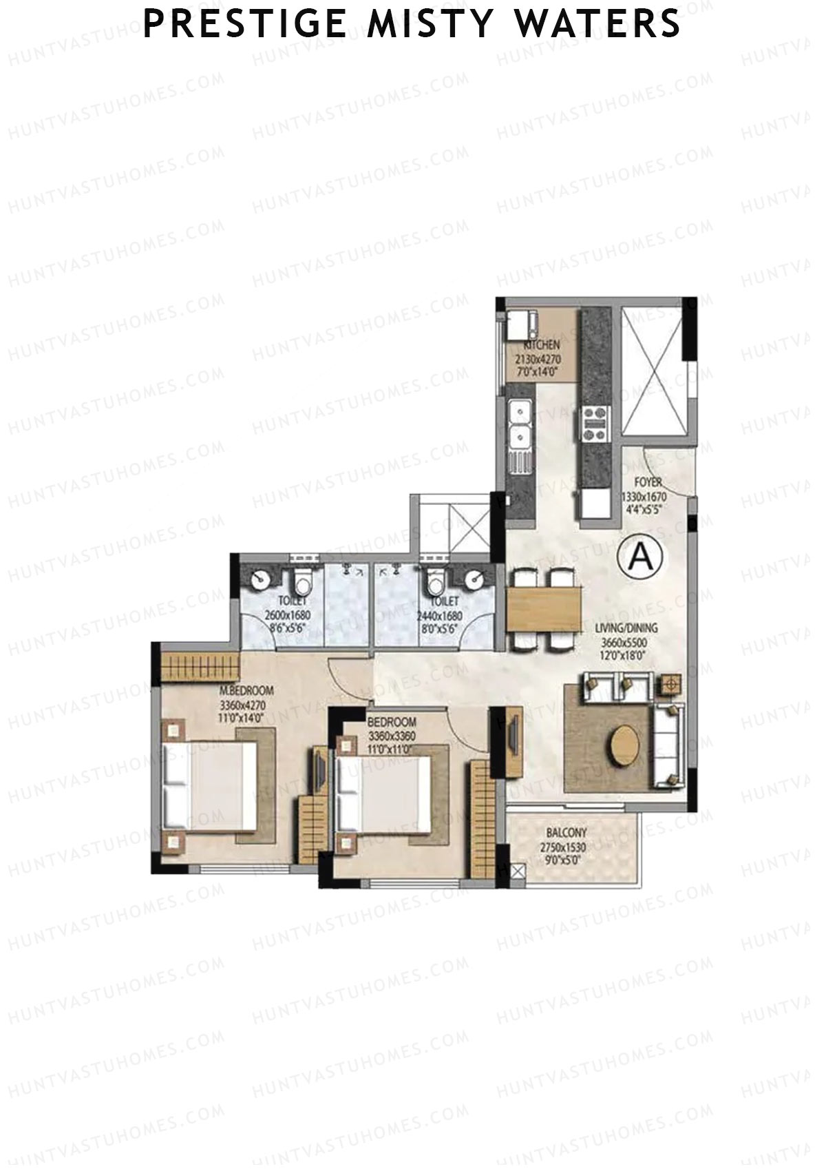 Prestige Misty Waters Tower 3 Unit 6 (Type A) Floor Plan